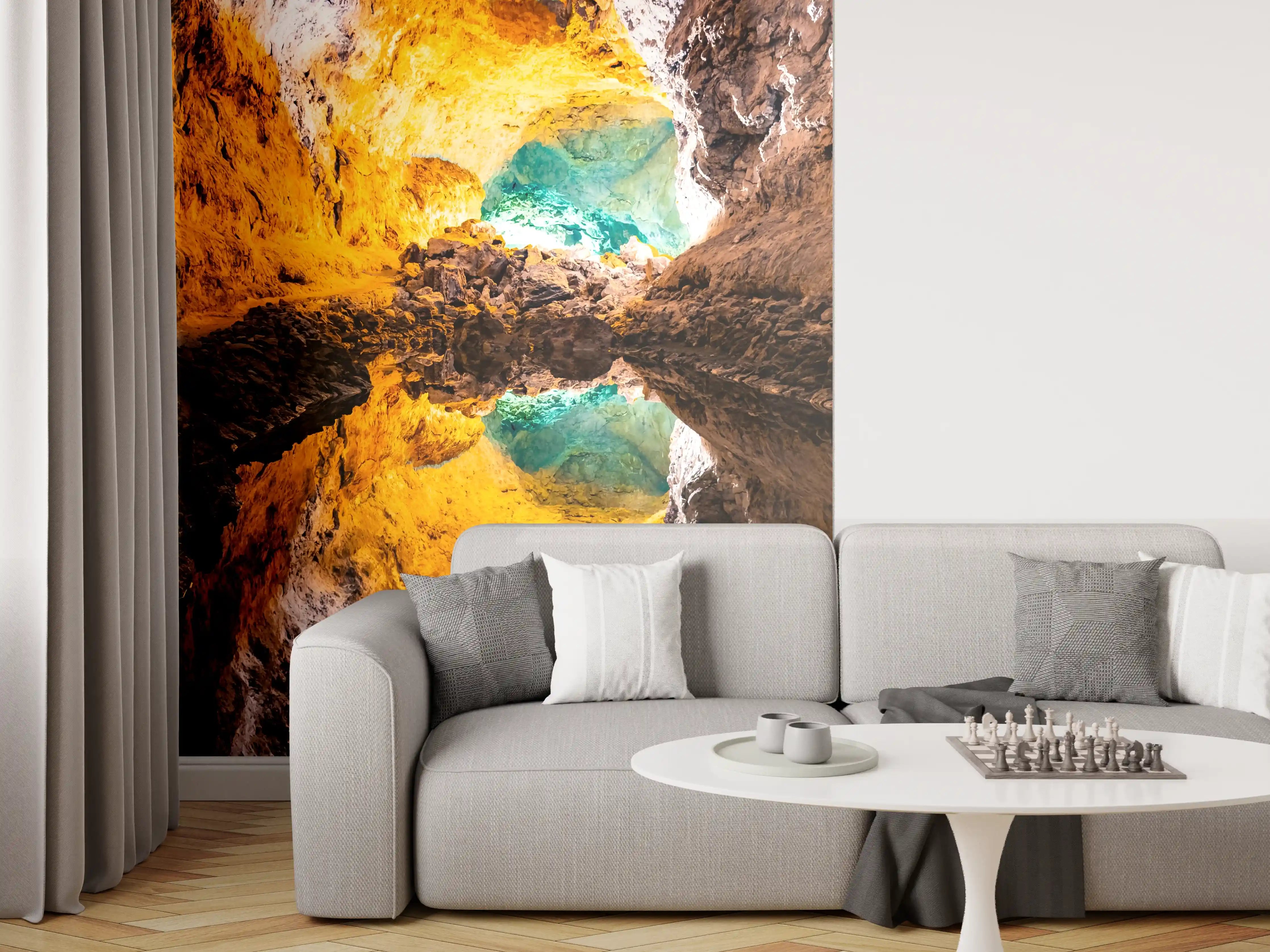Wandverkleidung Wohnzimmer - Farbenfrohe Tropfsteinhöhle mit Spiegelung