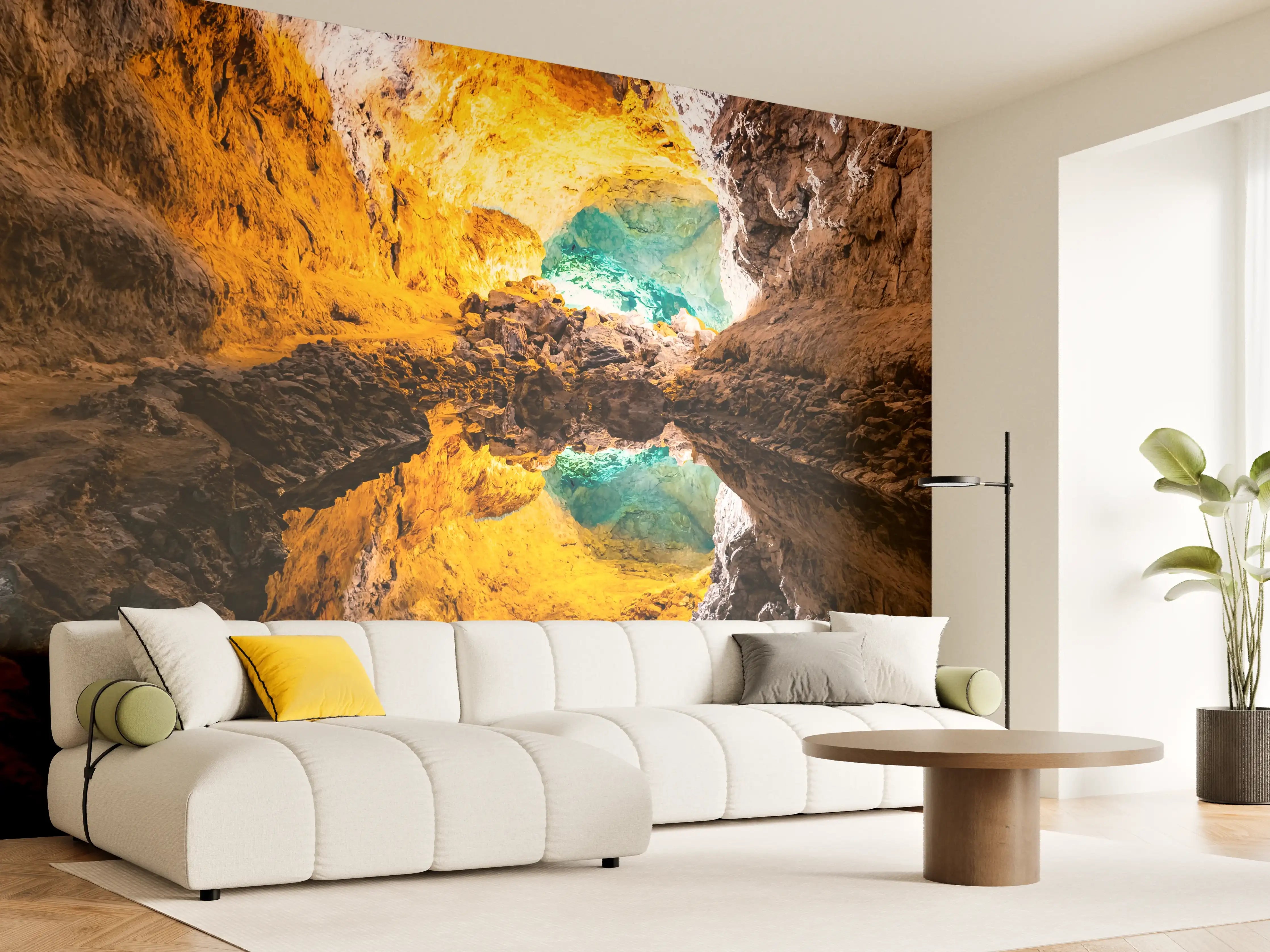 Wandverkleidung Wohnzimmer - Farbenfrohe Tropfsteinhöhle mit Spiegelung