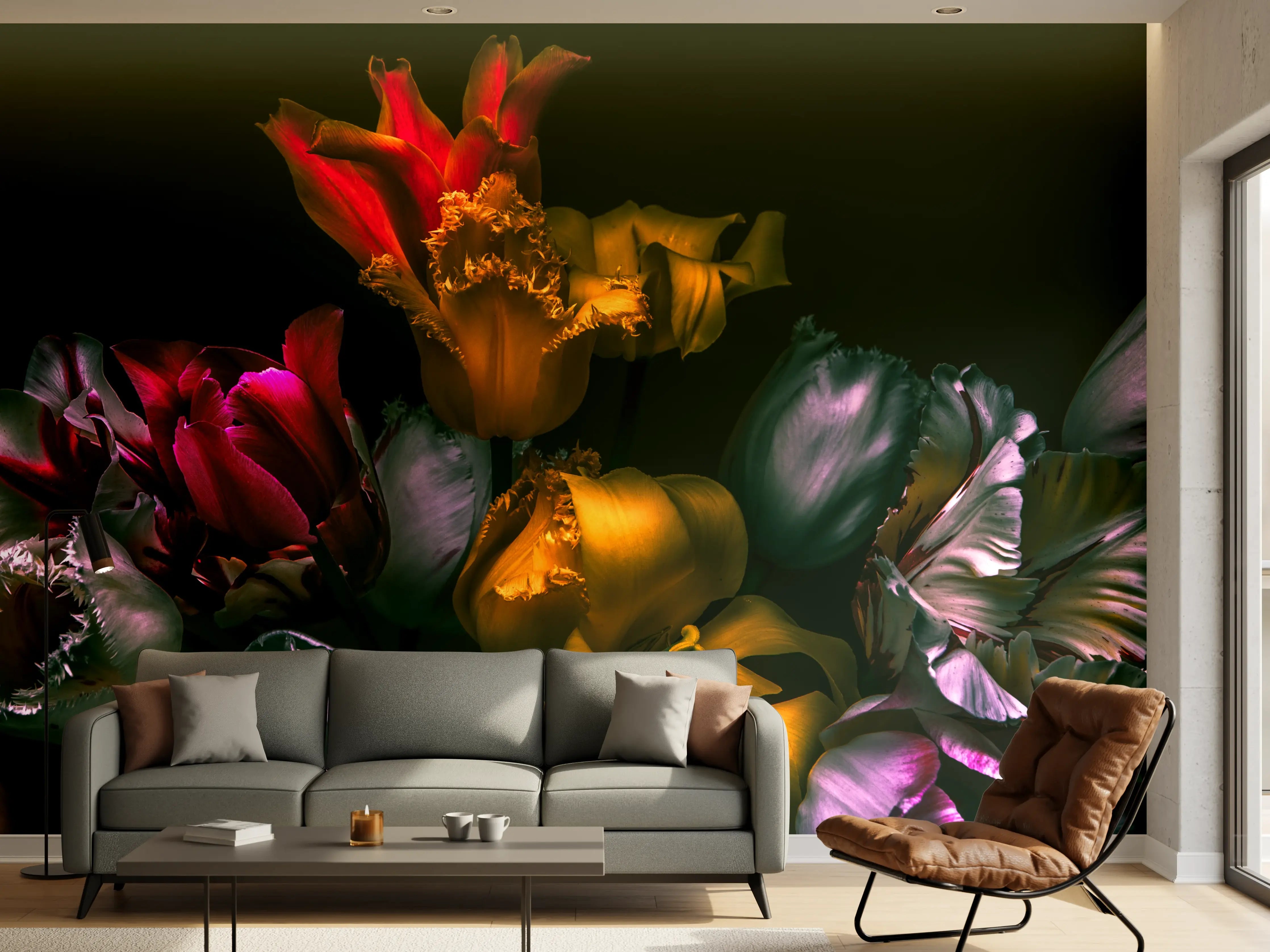 Wandverkleidung Wohnzimmer - Farbenfrohe Tulpen im Dunkeln