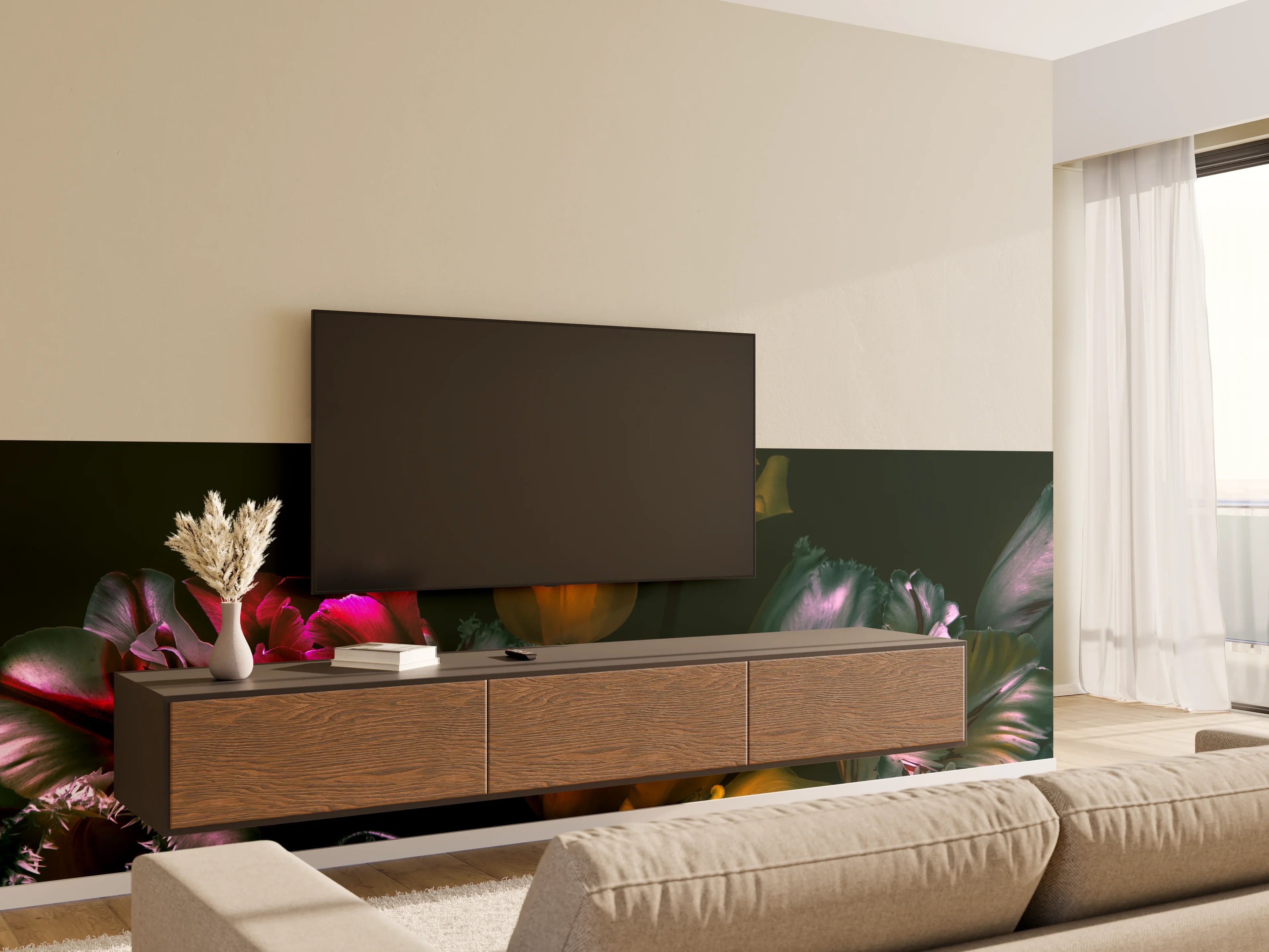 Wandverkleidung Wohnzimmer - Farbenfrohe Tulpen im Dunkeln