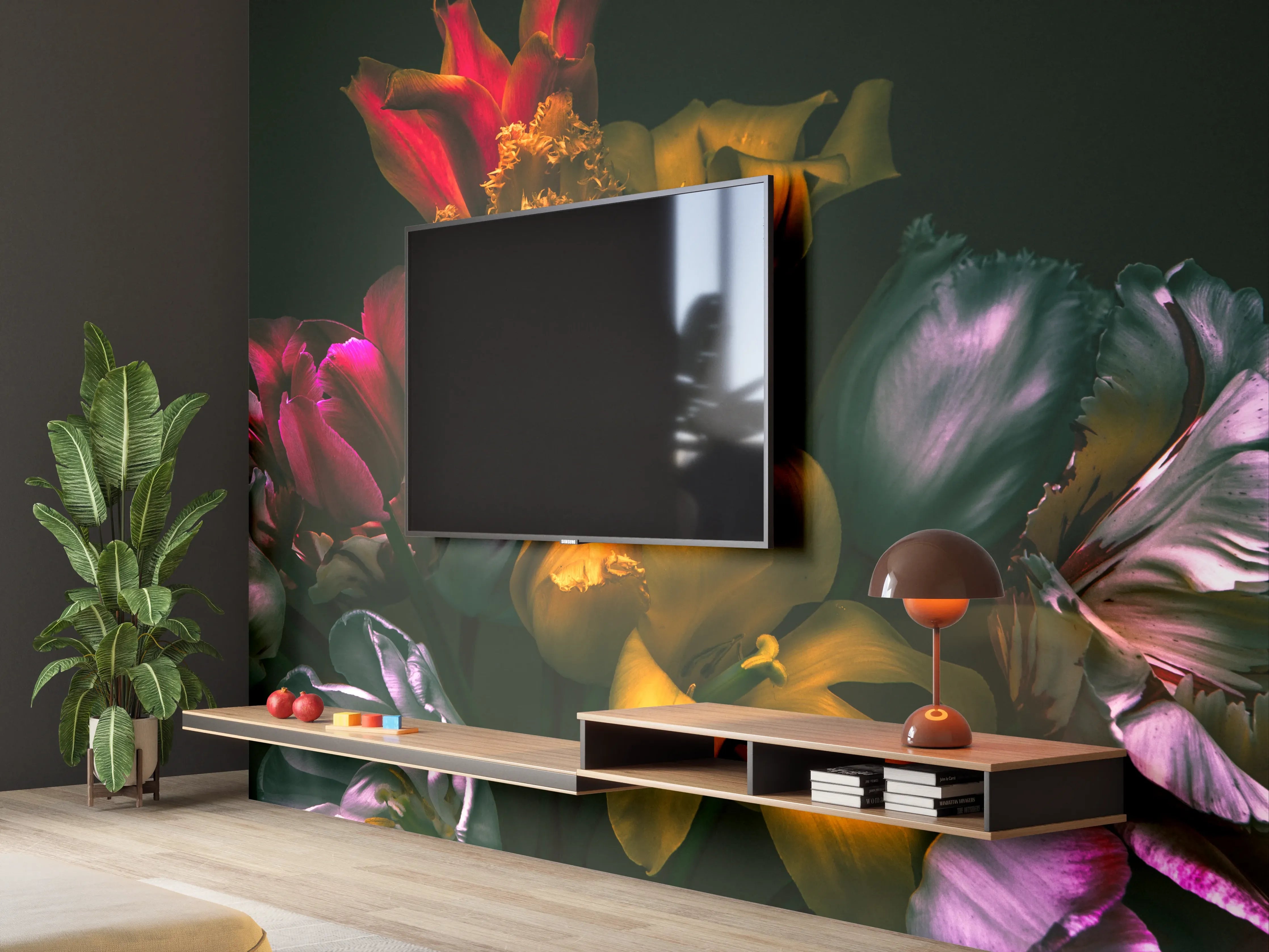 Wandverkleidung Wohnzimmer - Farbenfrohe Tulpen im Dunkeln