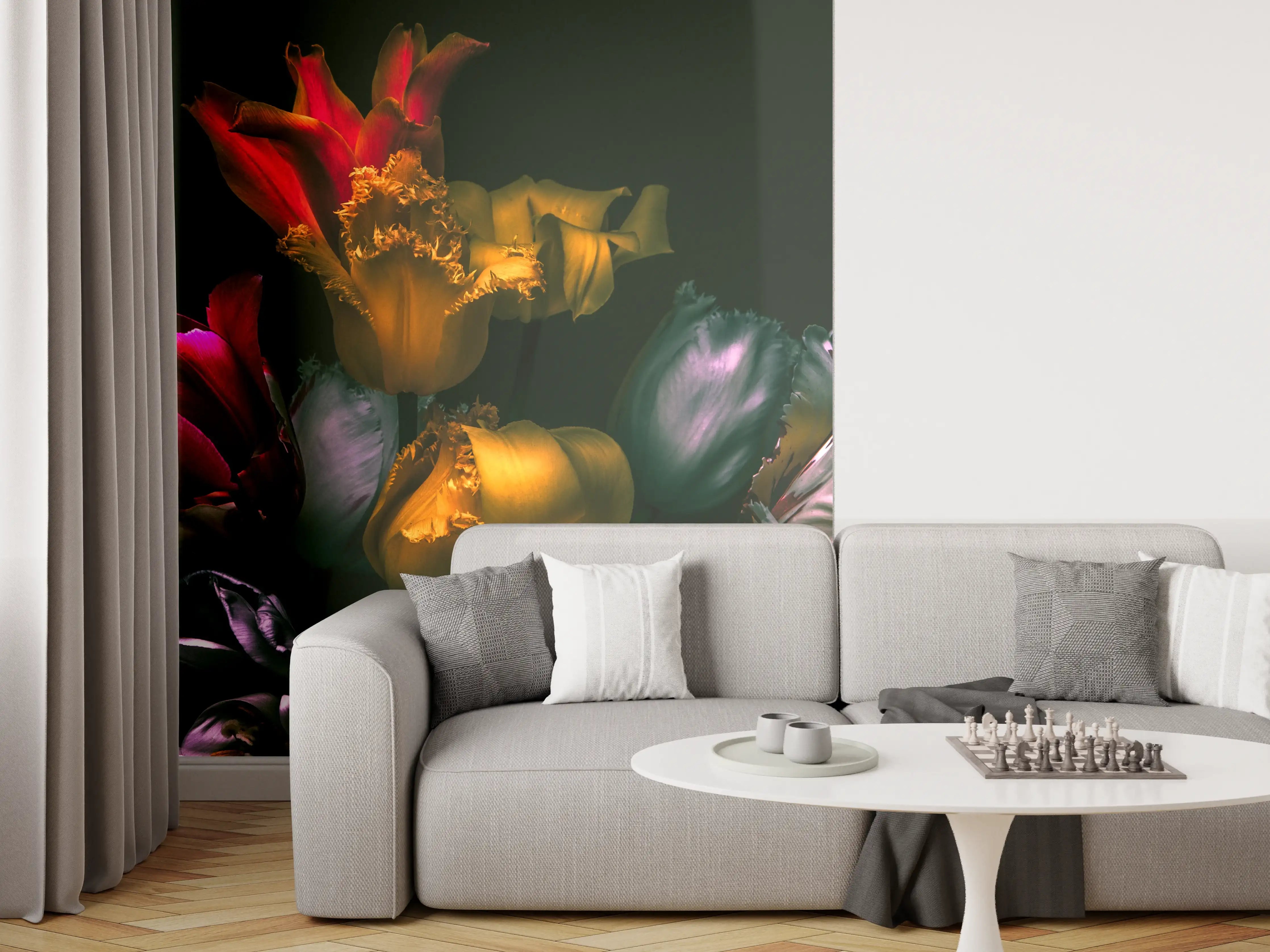 Wandverkleidung Wohnzimmer - Farbenfrohe Tulpen im Dunkeln