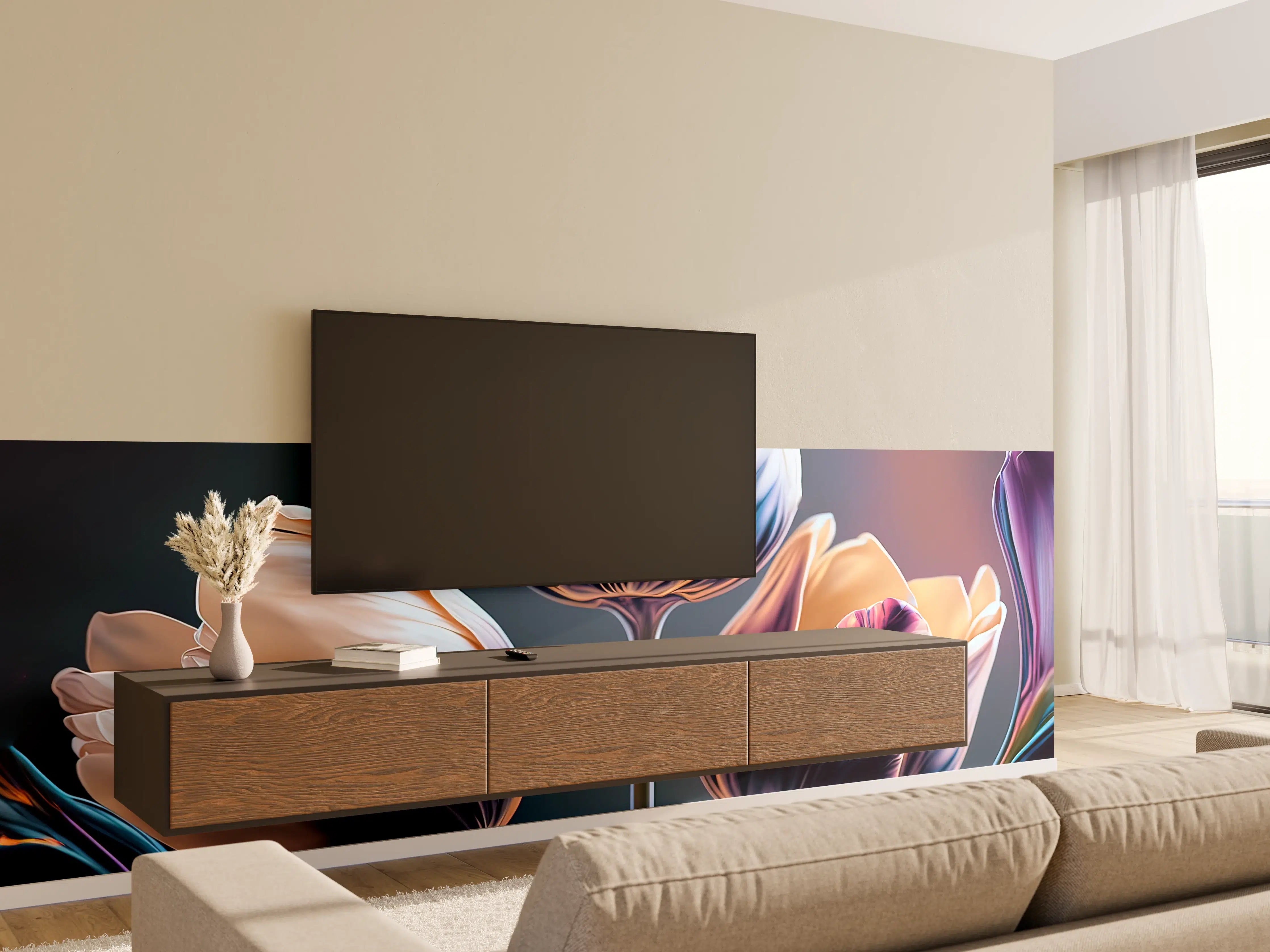 Wandverkleidung Wohnzimmer - Farbenfrohe Tulpen in Nahaufnahme