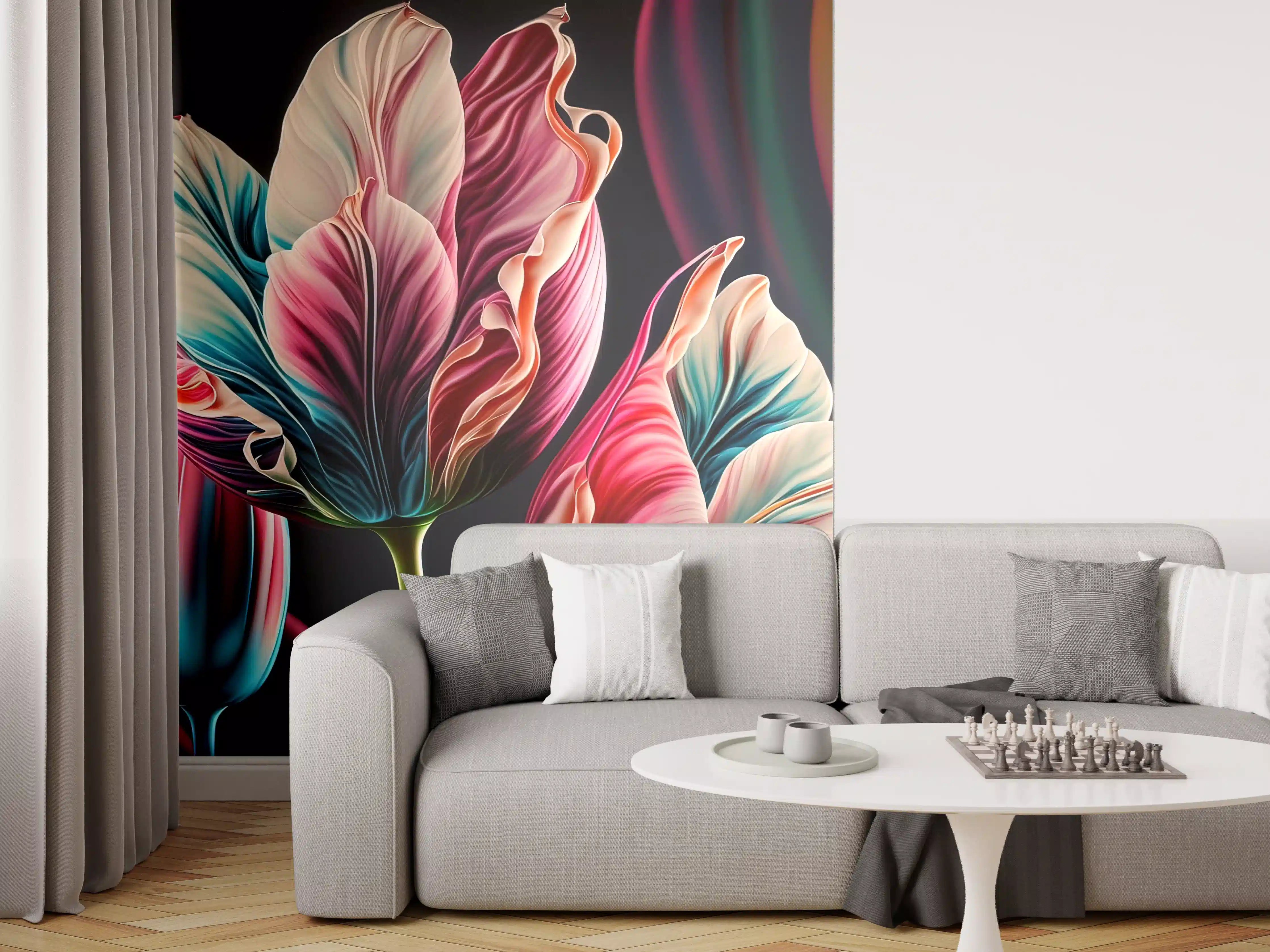 Wandverkleidung Wohnzimmer - Farbenfrohe Tulpen in lebendiger Kunst-Optik