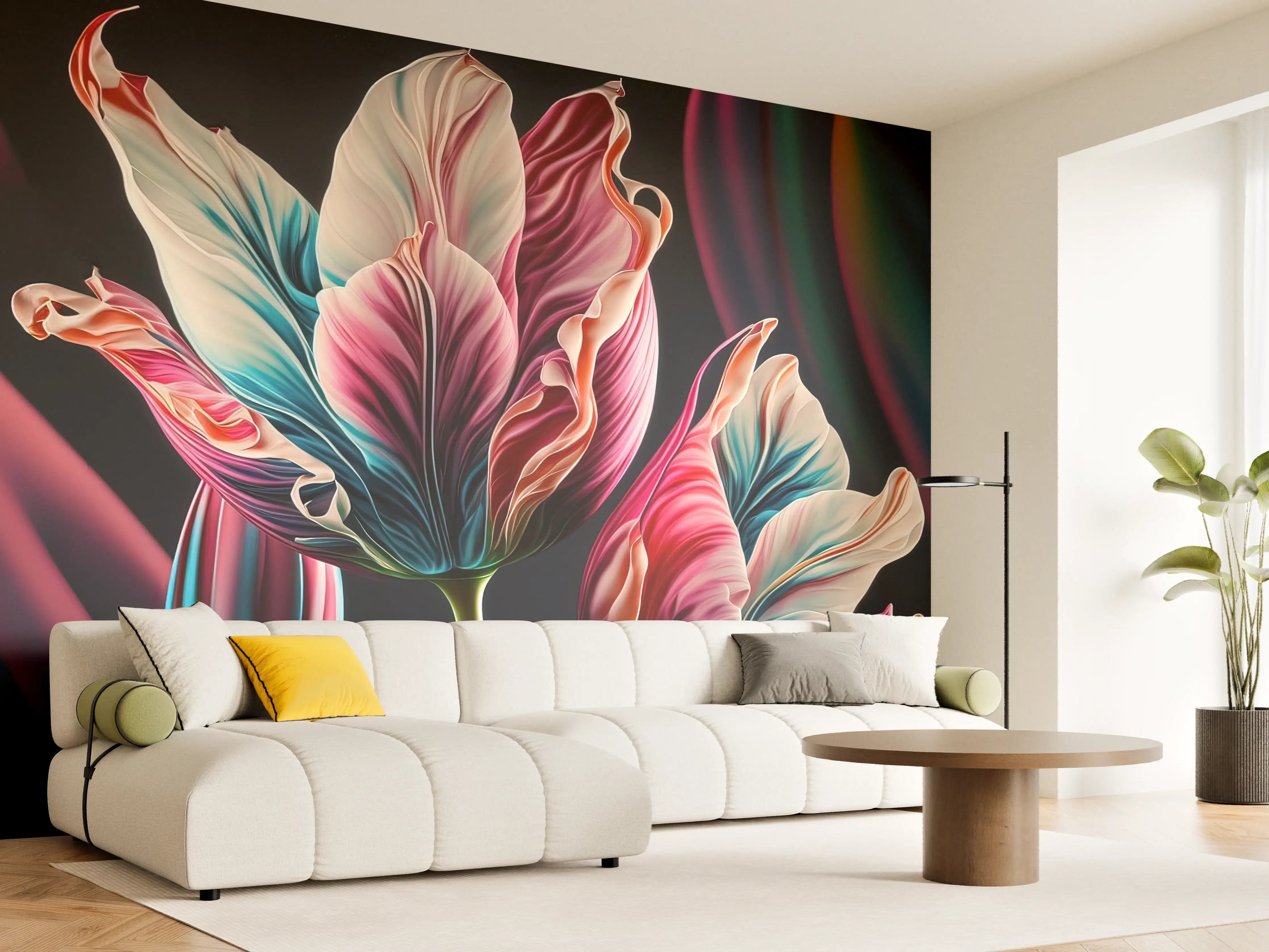 Wandverkleidung Wohnzimmer - Farbenfrohe Tulpen in lebendiger Kunst-Optik