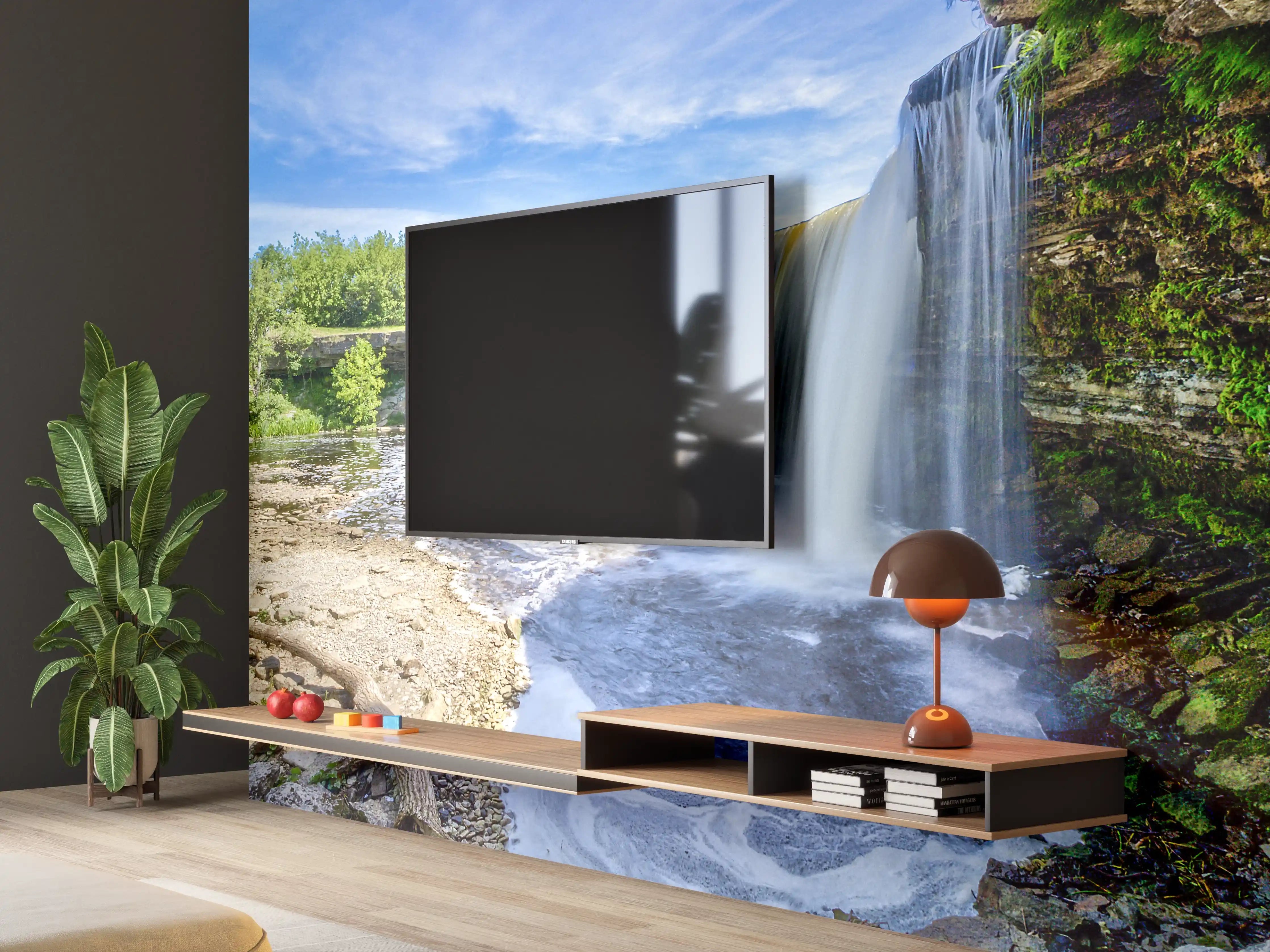 Wandverkleidung Wohnzimmer - Farbenfrohe Wasserfall-Landschaft in der Natur