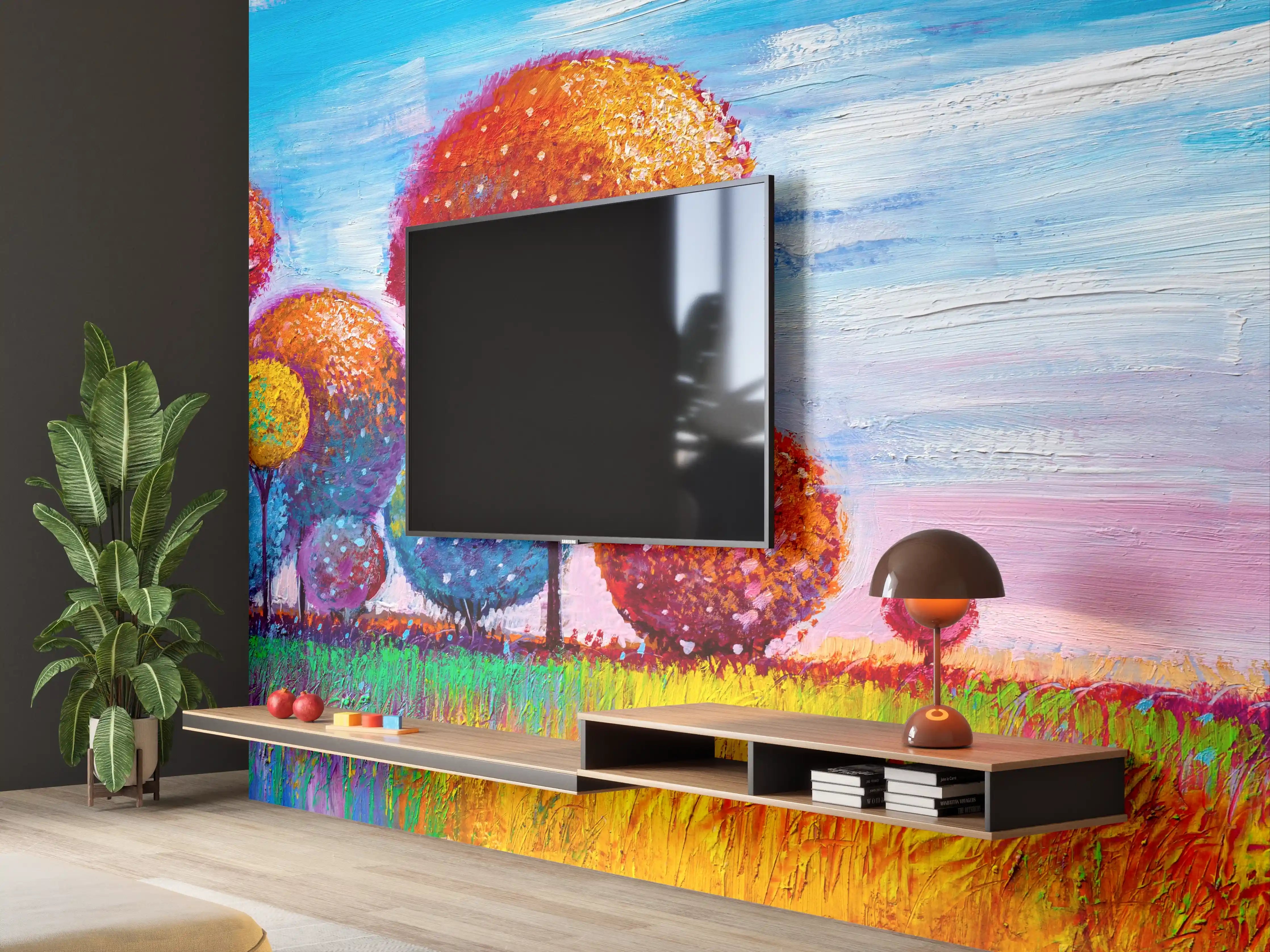 Wandverkleidung Wohnzimmer - Farbenfrohe bunte Baumlandschaft