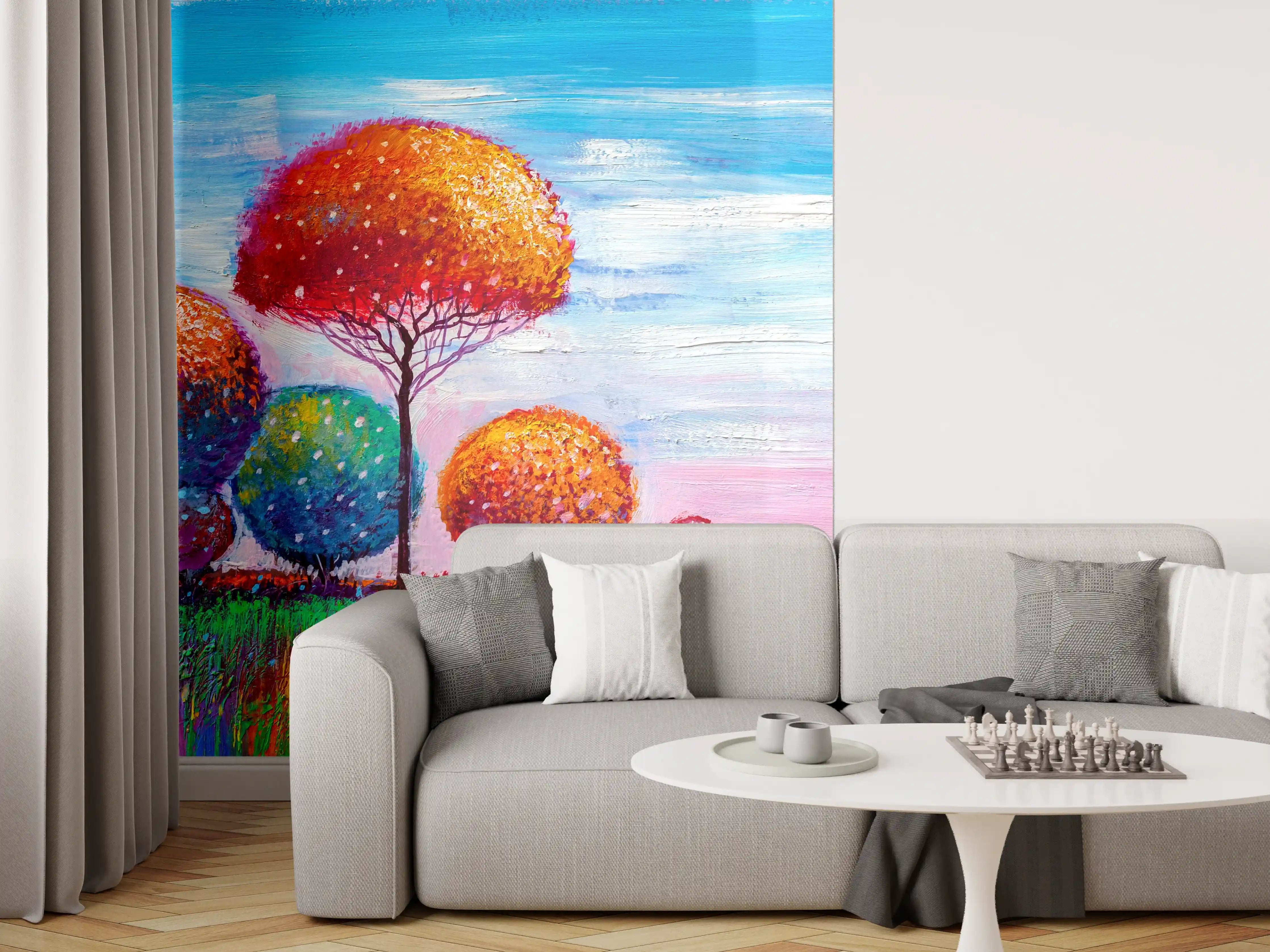 Wandverkleidung Wohnzimmer - Farbenfrohe bunte Baumlandschaft