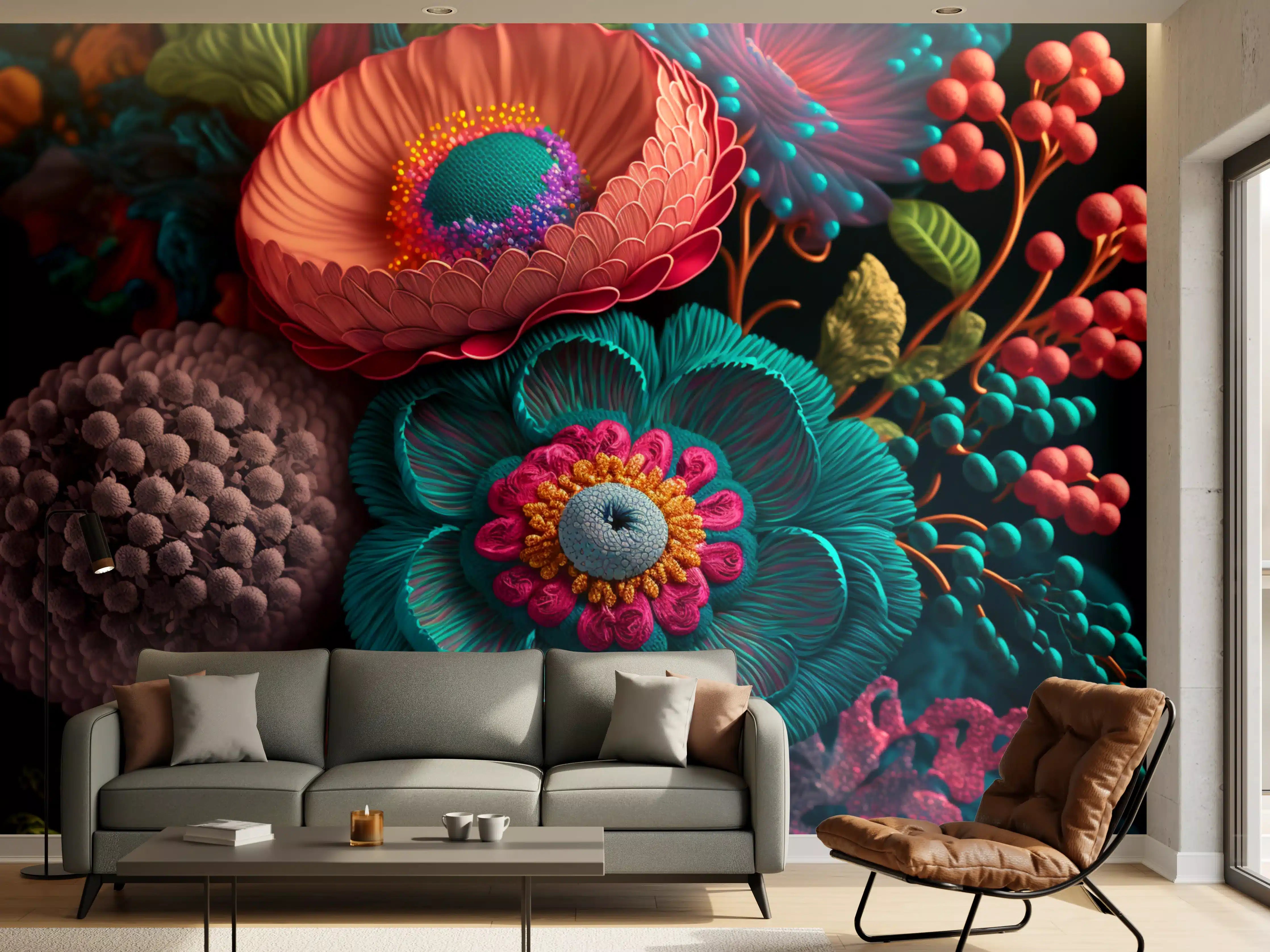 Wandverkleidung Wohnzimmer - Farbenfrohe, detaillierte Blumendarstellung