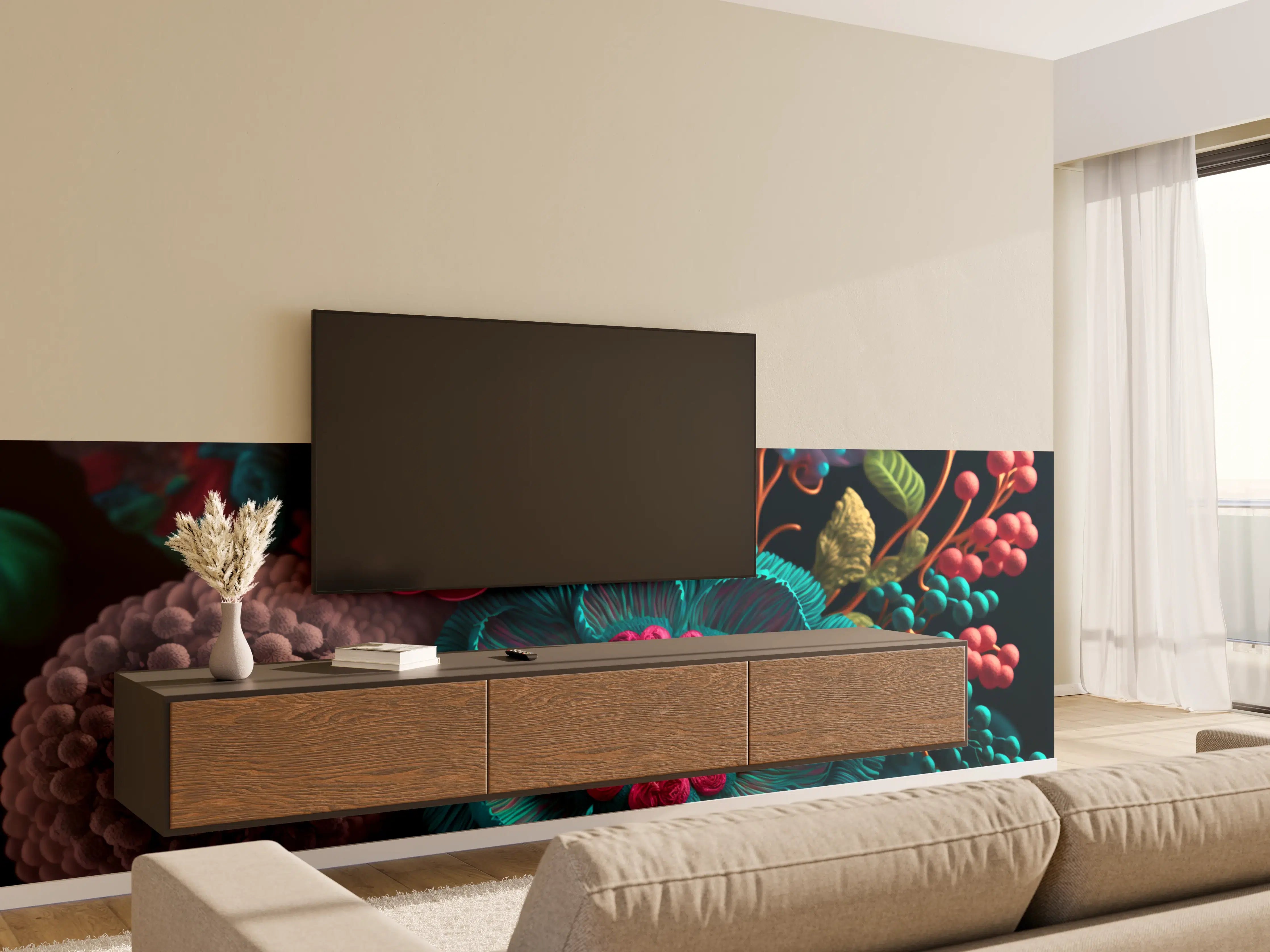 Wandverkleidung Wohnzimmer - Farbenfrohe, detaillierte Blumendarstellung