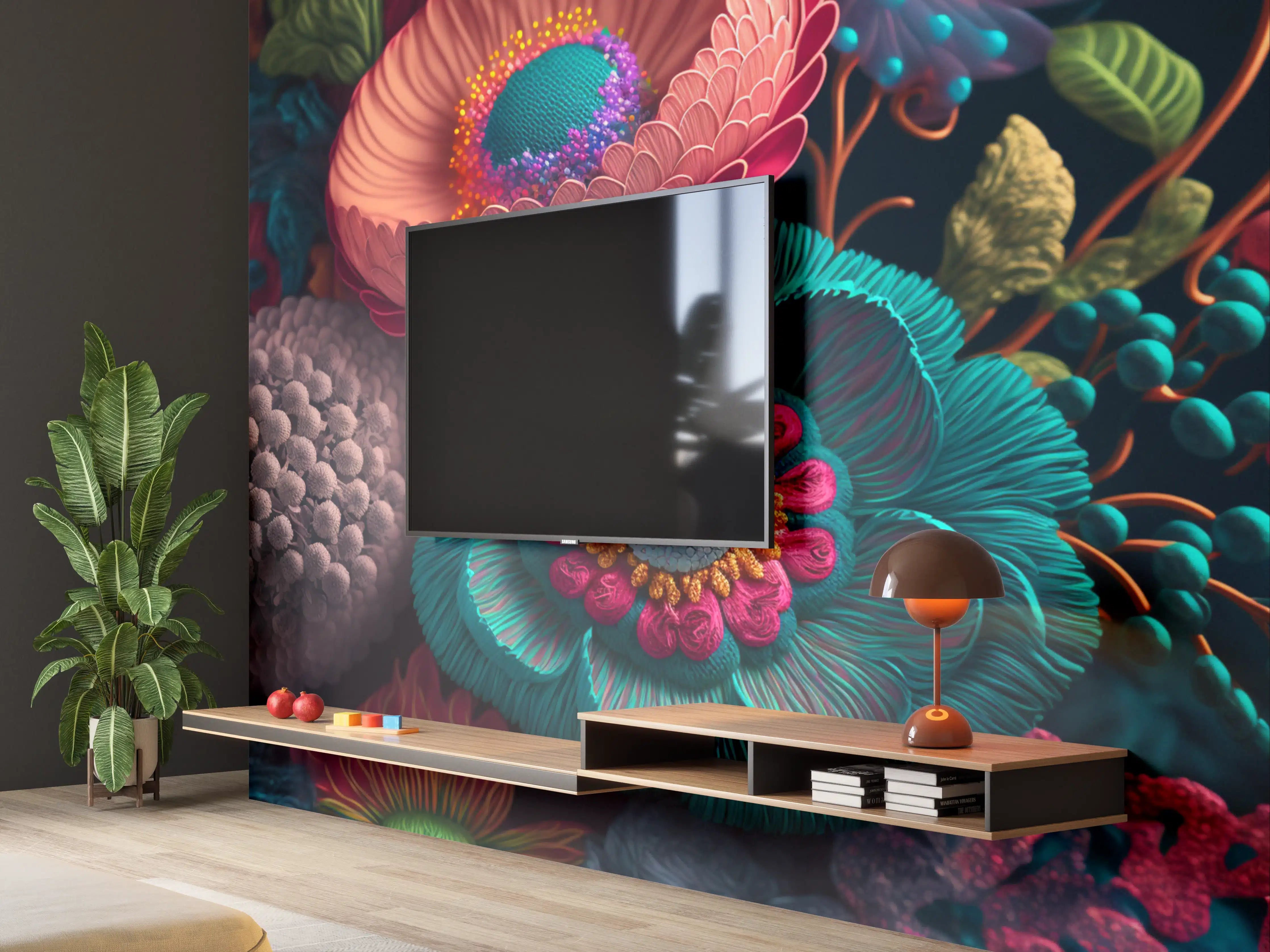 Wandverkleidung Wohnzimmer - Farbenfrohe, detaillierte Blumendarstellung