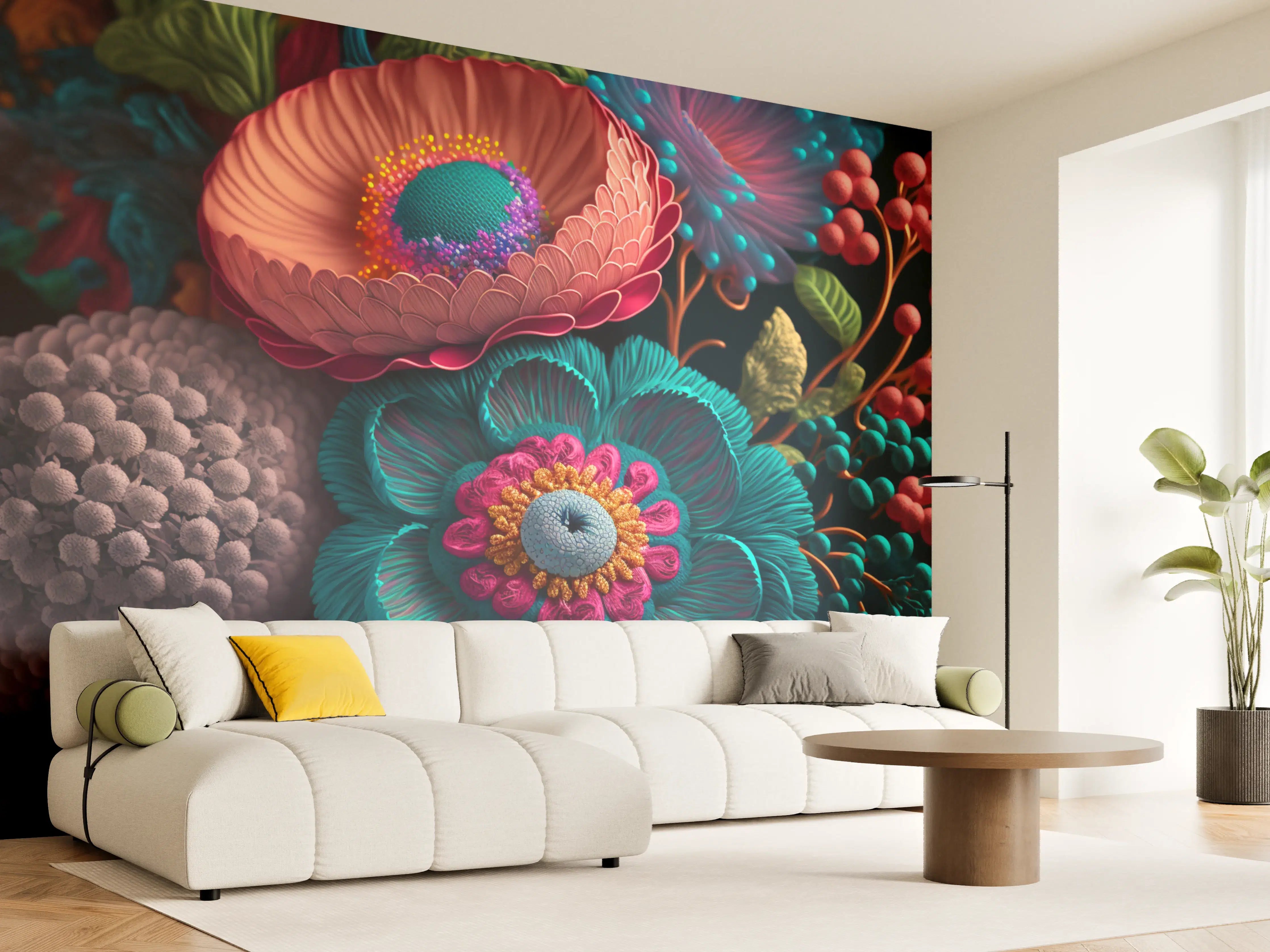 Wandverkleidung Wohnzimmer - Farbenfrohe, detaillierte Blumendarstellung