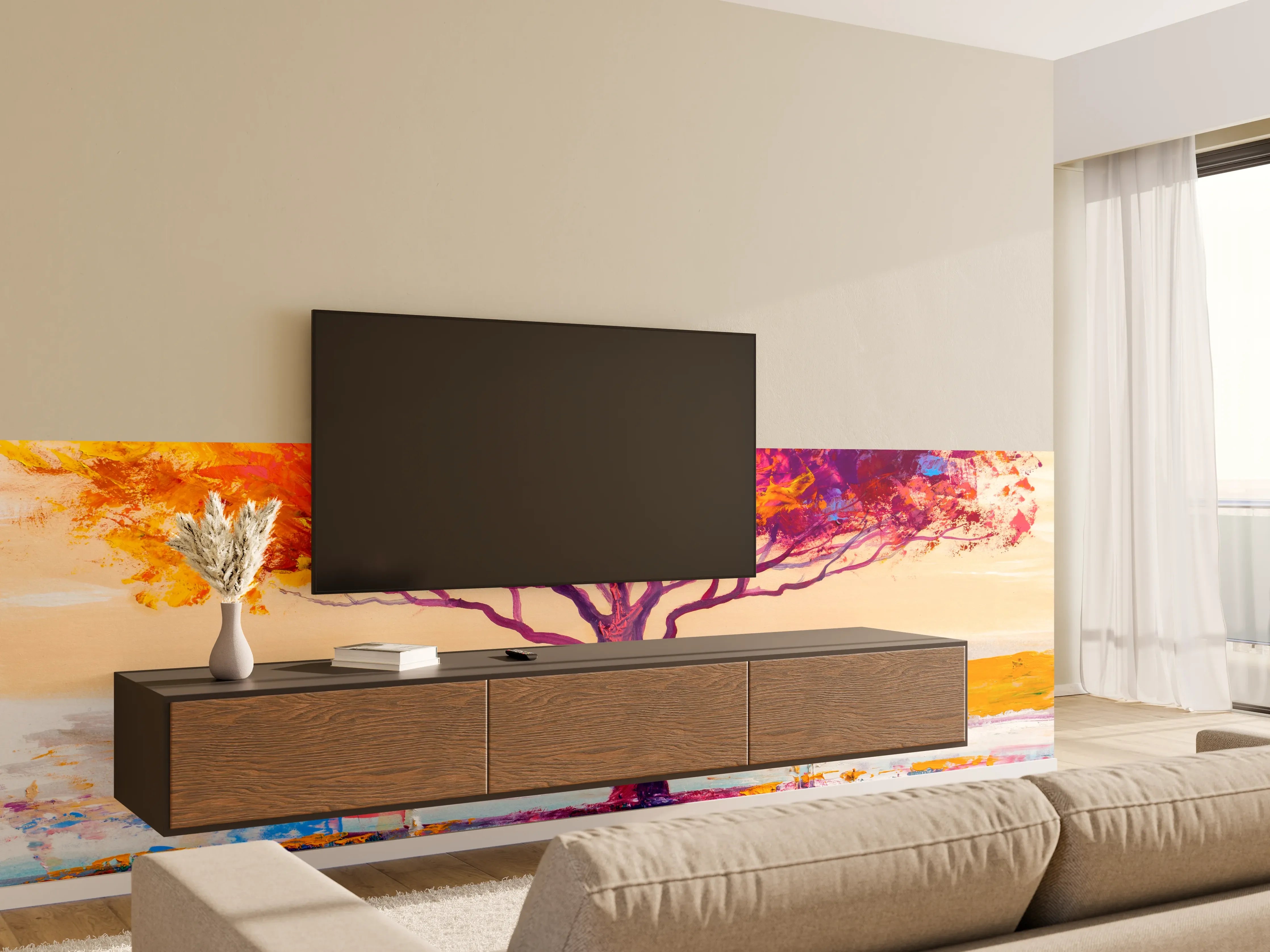 Wandverkleidung Wohnzimmer - Farbenfroher Baum im Herbst