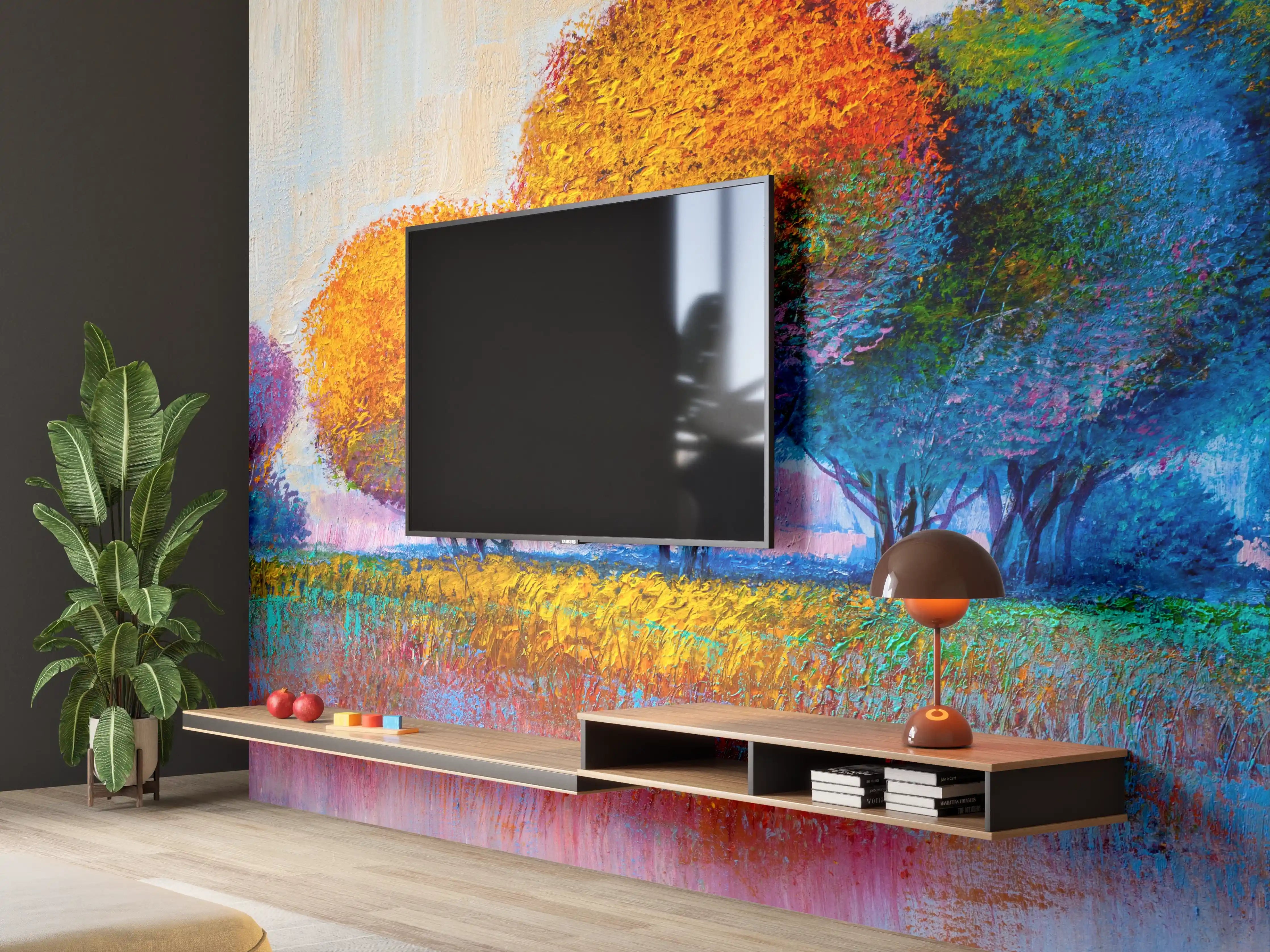 Wandverkleidung Wohnzimmer - Farbenfroher Baumpark impressionistisch