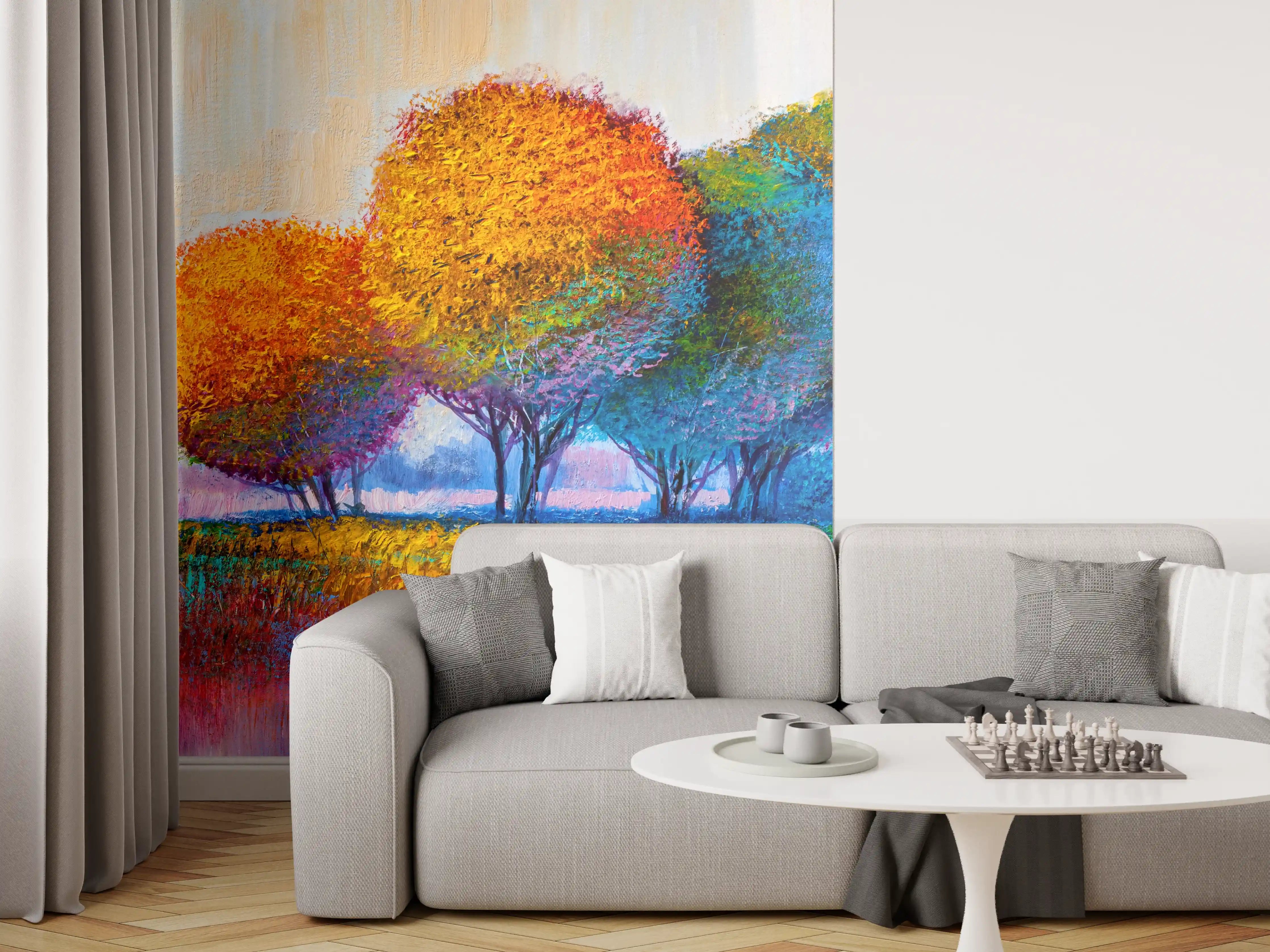 Wandverkleidung Wohnzimmer - Farbenfroher Baumpark impressionistisch