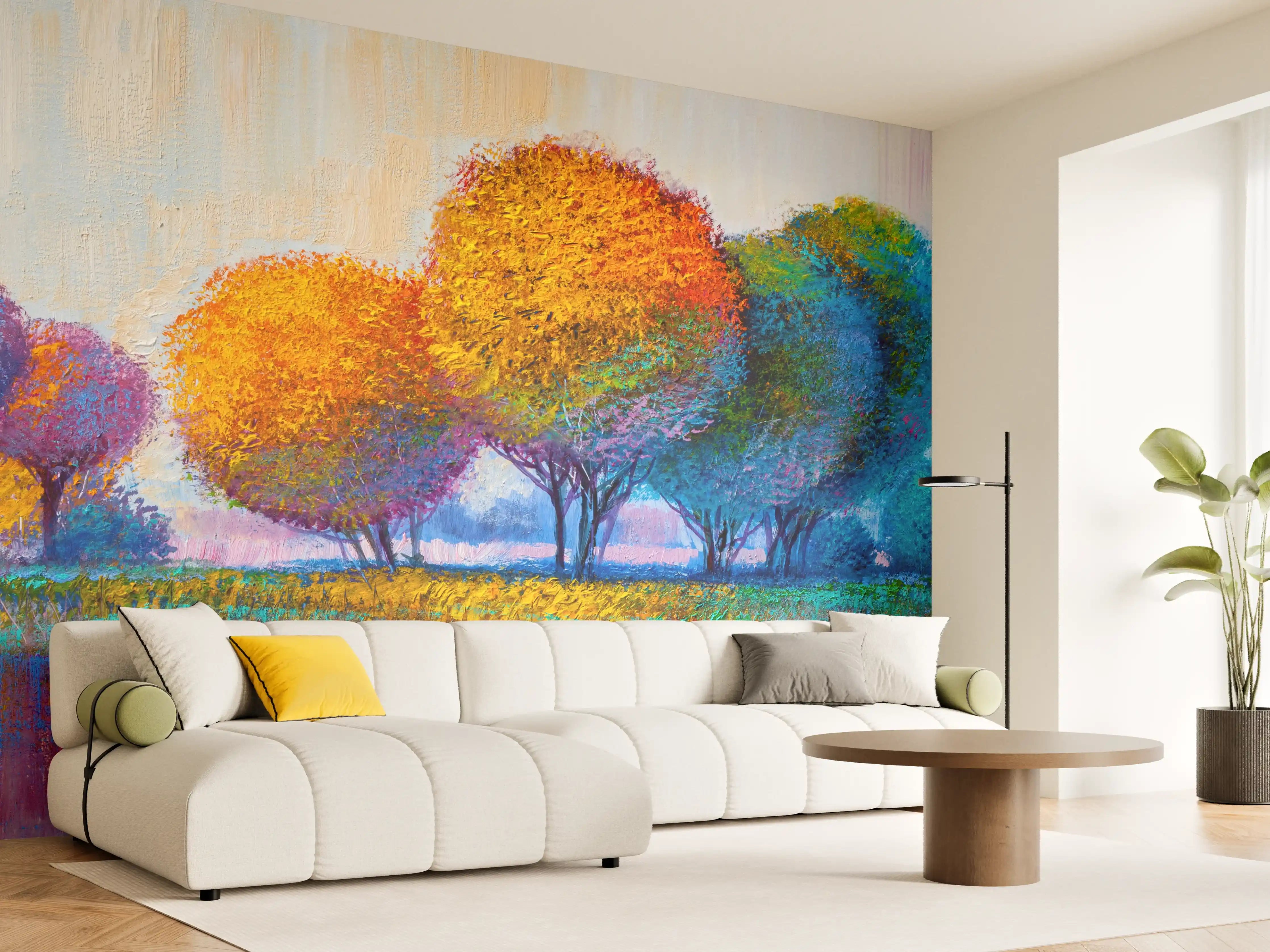 Wandverkleidung Wohnzimmer - Farbenfroher Baumpark impressionistisch