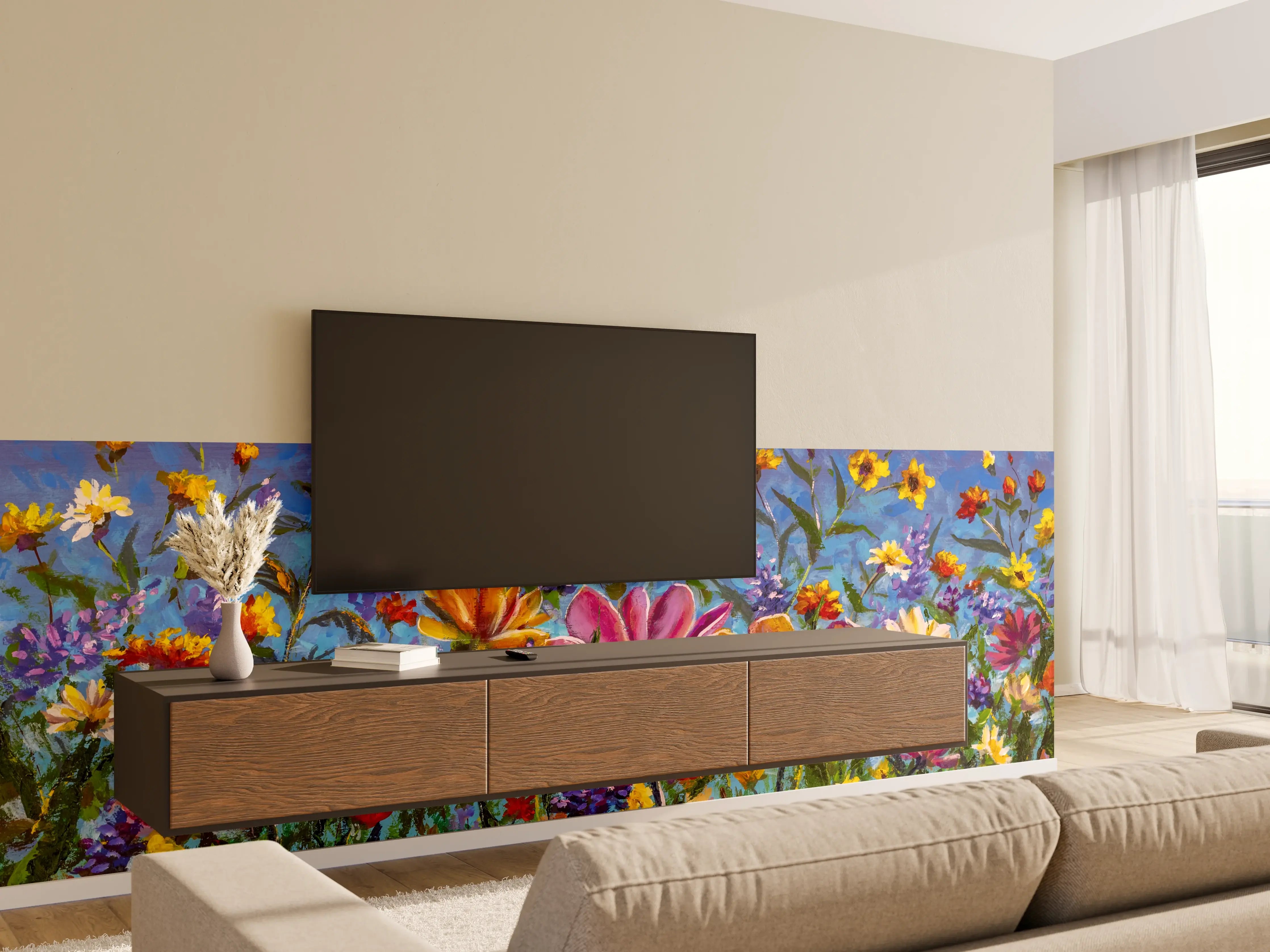 Wandverkleidung Wohnzimmer - Farbenfroher Blumenstrauß - Original Gemälde
