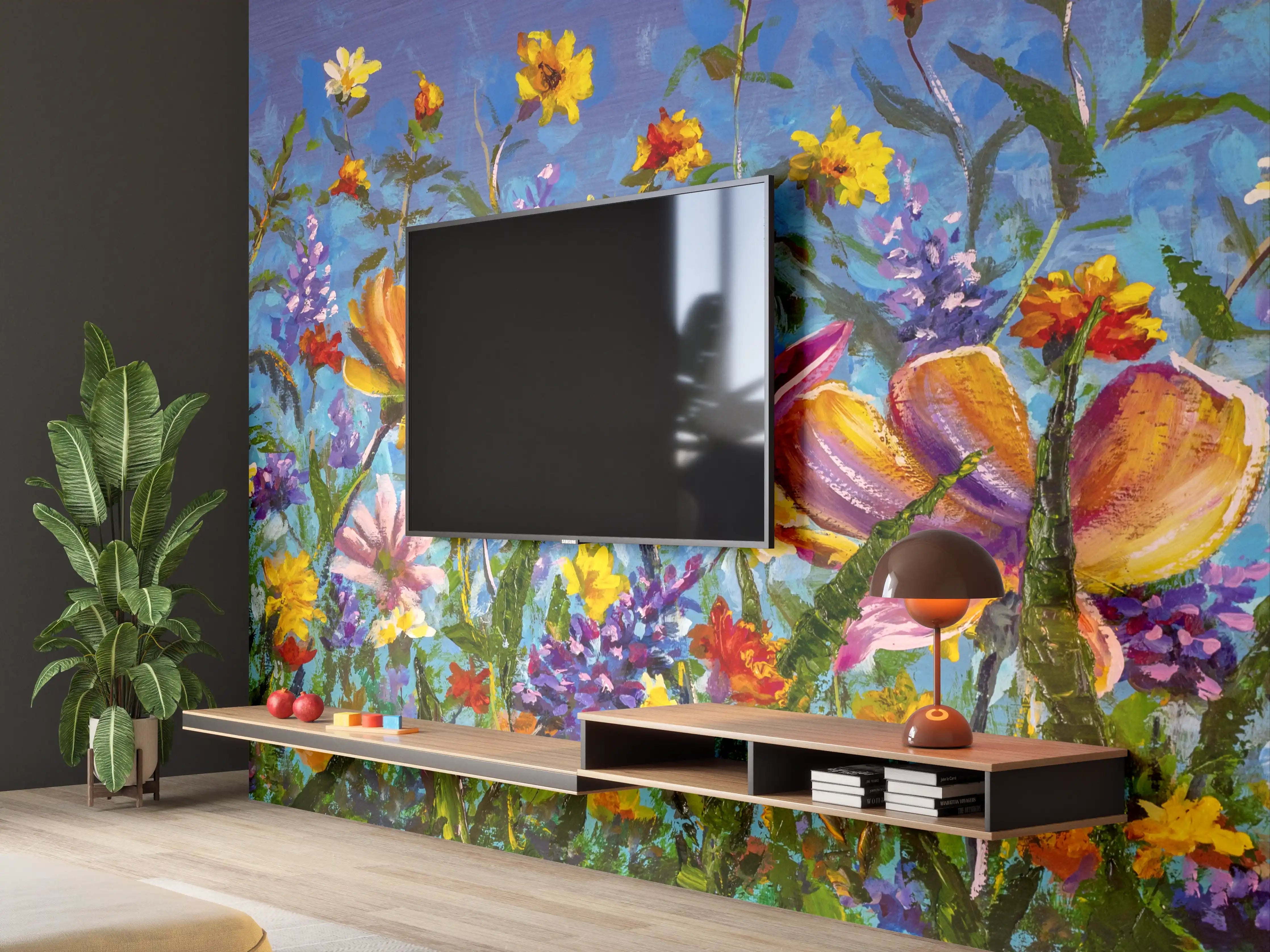 Wandverkleidung Wohnzimmer - Farbenfroher Blumenstrauß - Original Gemälde