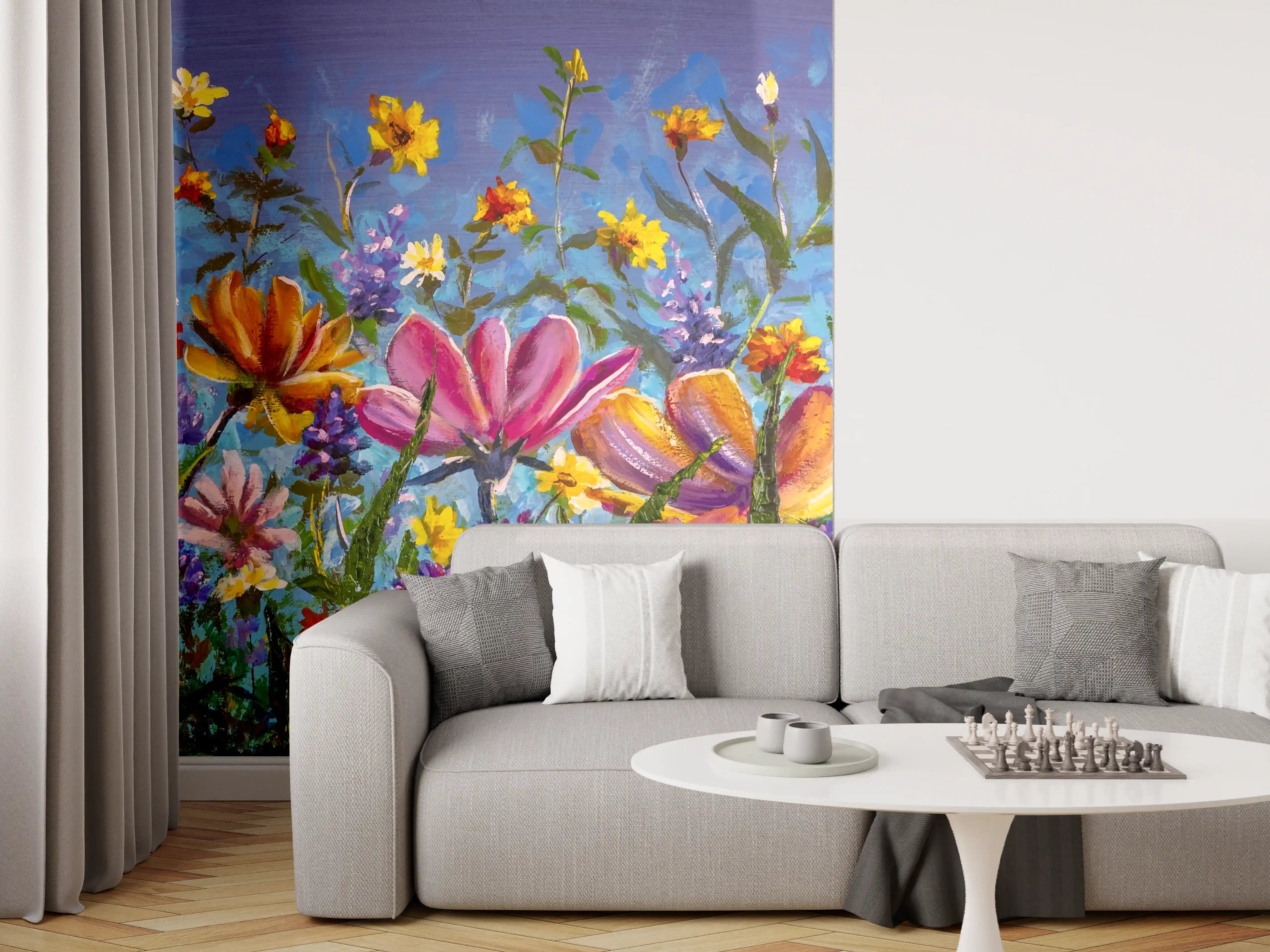 Wandverkleidung Wohnzimmer - Farbenfroher Blumenstrauß - Original Gemälde