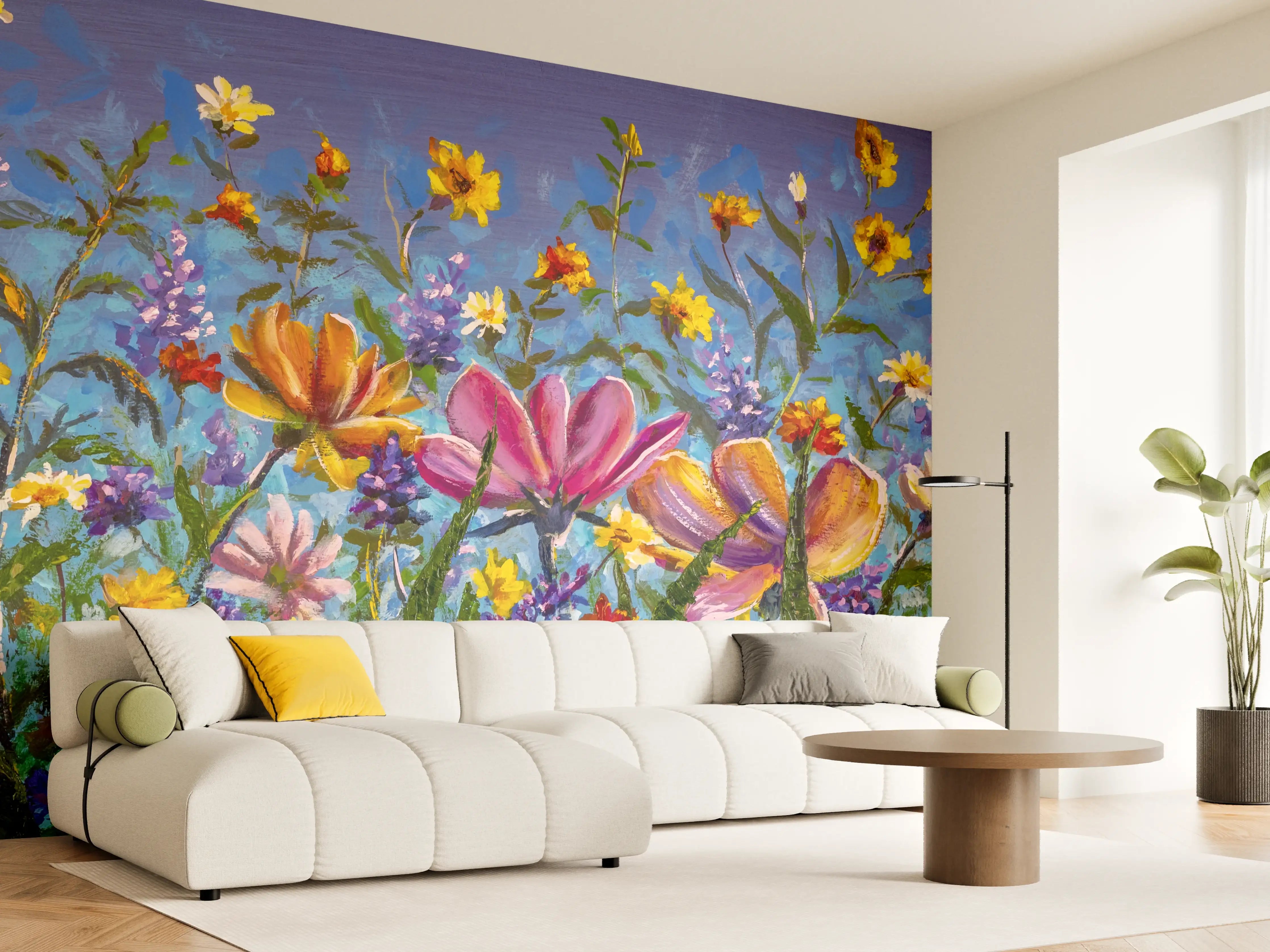 Wandverkleidung Wohnzimmer - Farbenfroher Blumenstrauß - Original Gemälde