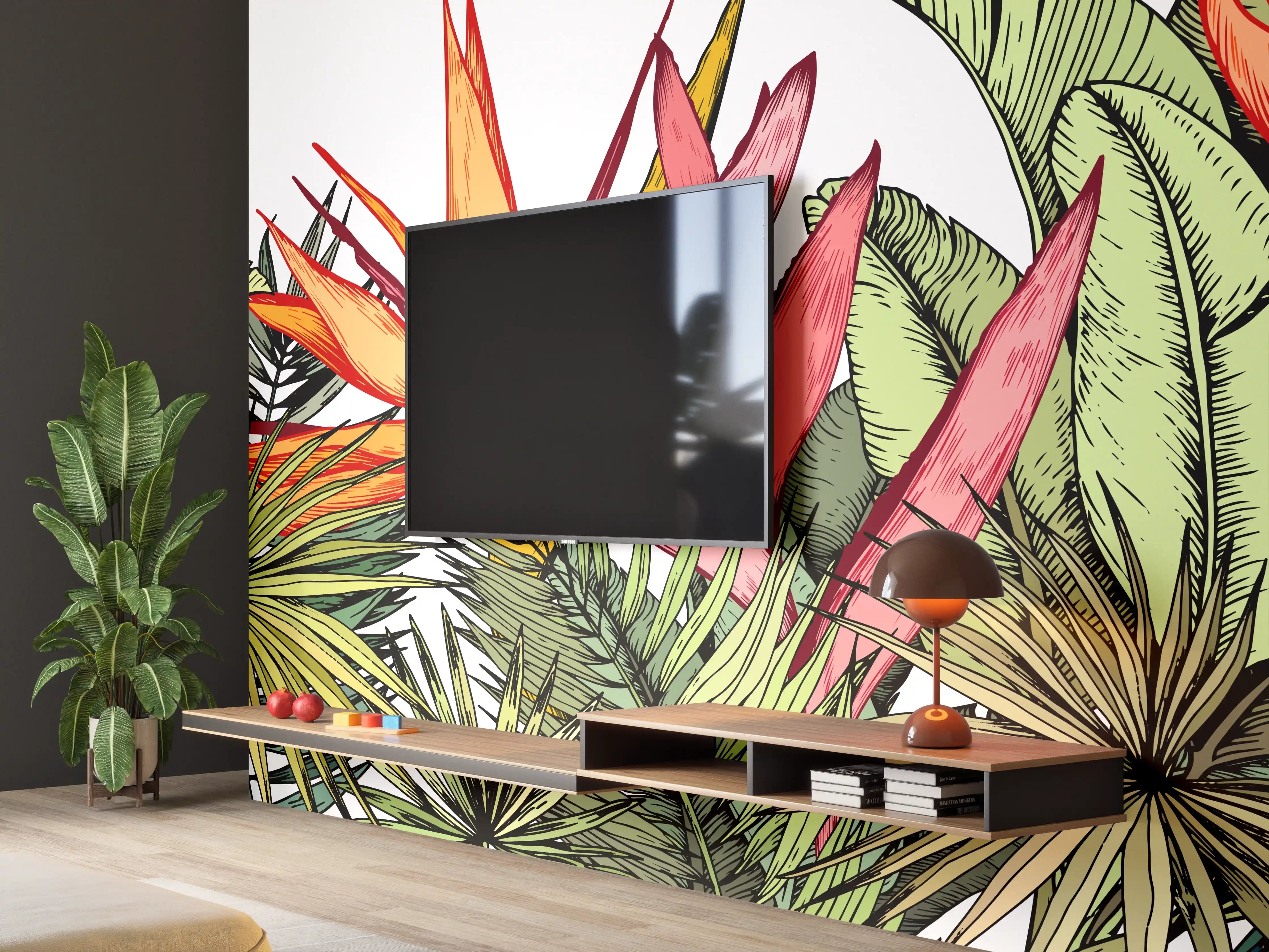 Wandverkleidung Wohnzimmer - Farbenfroher Pflanzen-Print