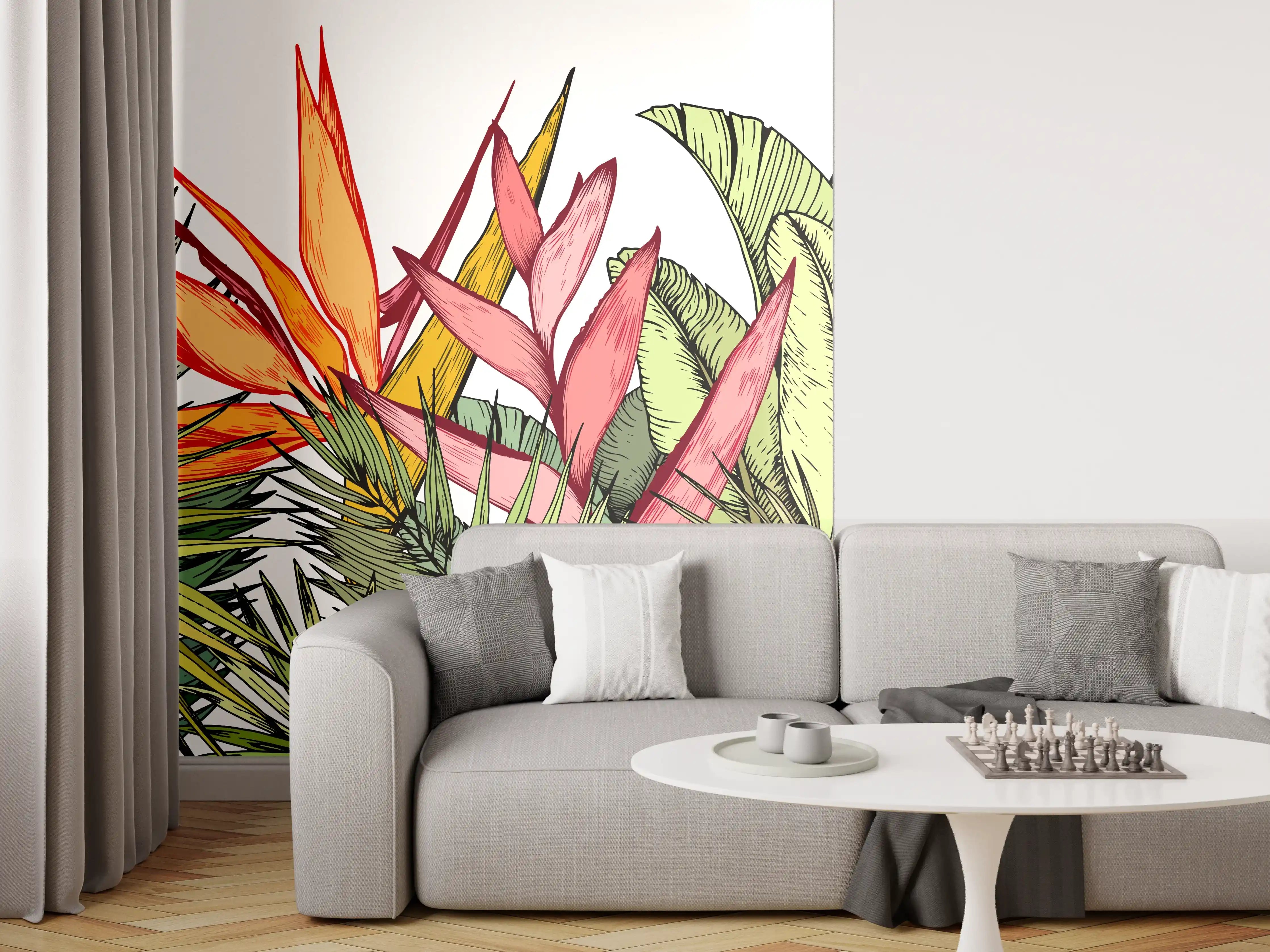 Wandverkleidung Wohnzimmer - Farbenfroher Pflanzen-Print