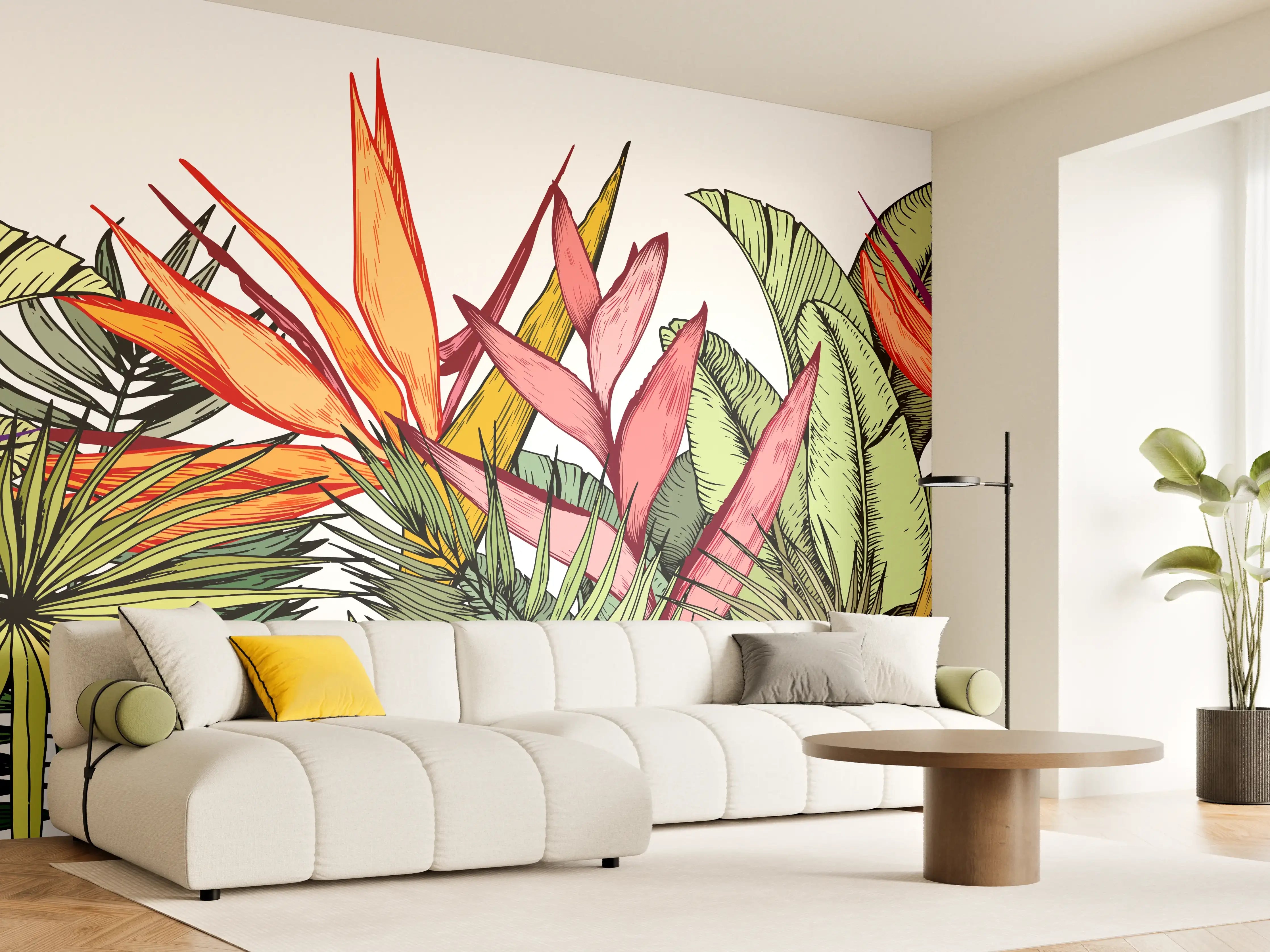 Wandverkleidung Wohnzimmer - Farbenfroher Pflanzen-Print
