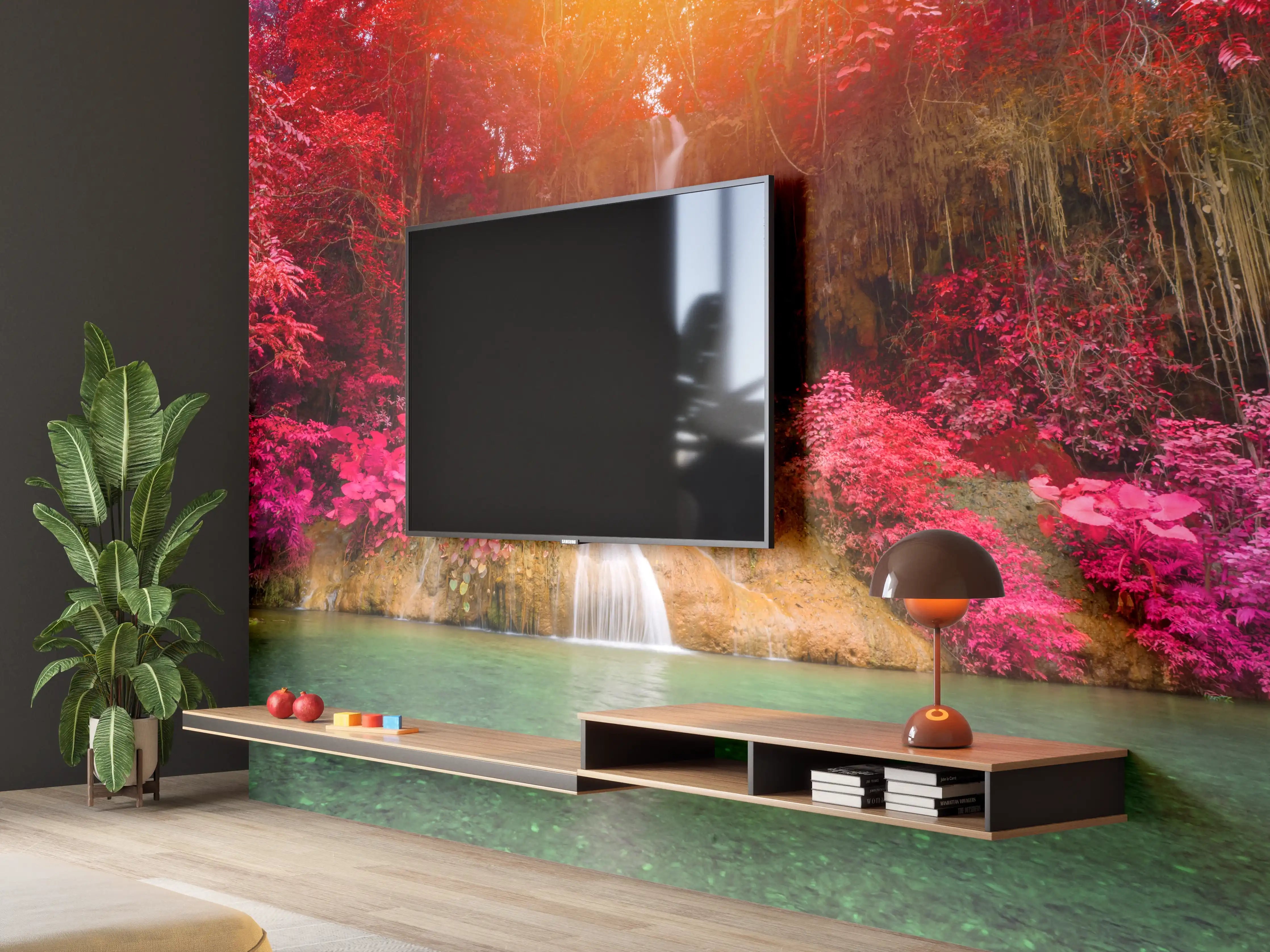 Wandverkleidung Wohnzimmer - Farbenfroher Wasserfall im Herbstwald