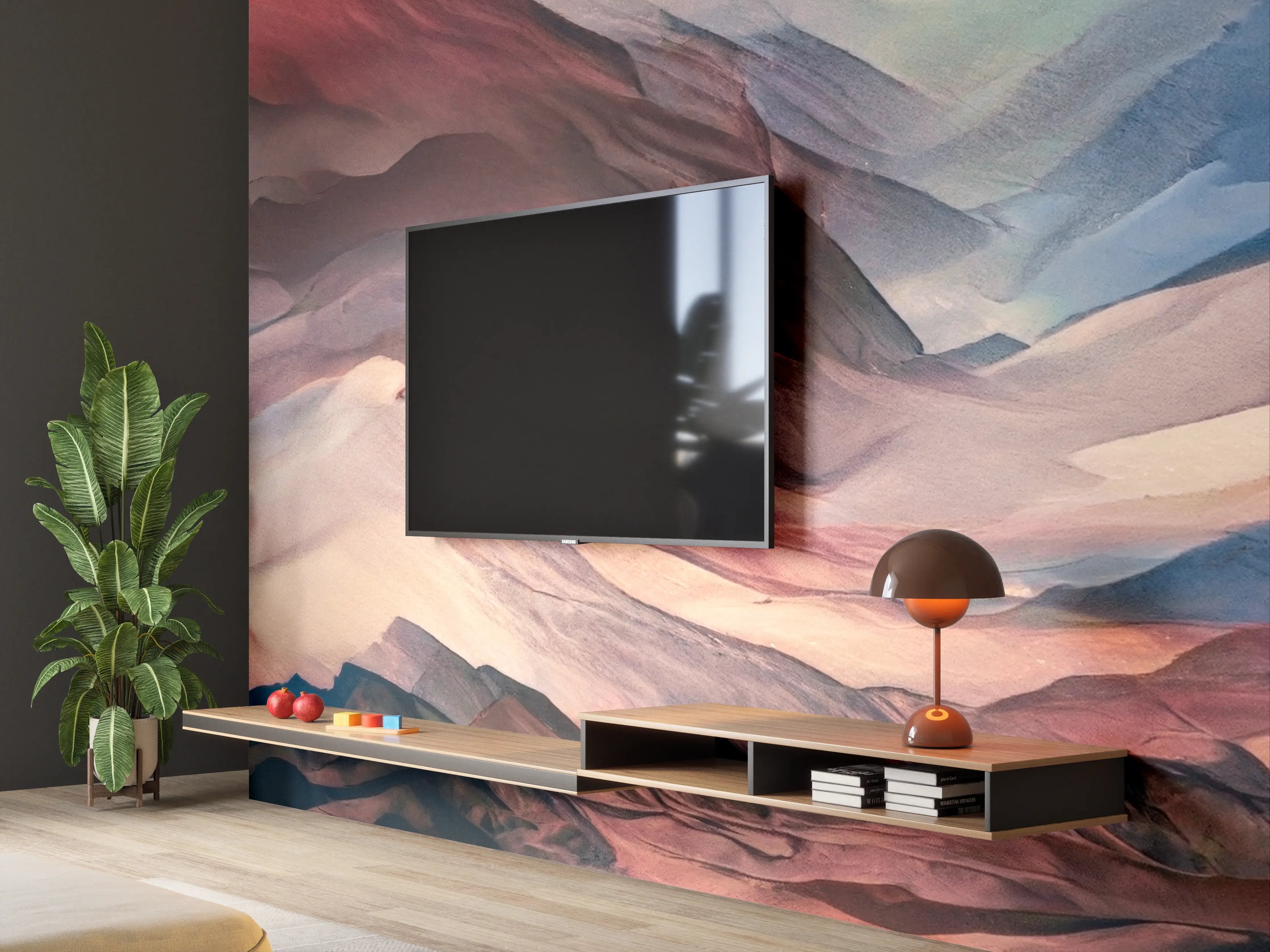 Wandverkleidung Wohnzimmer - Farbenfrohes Bergpanorama in Aquarelltechnik