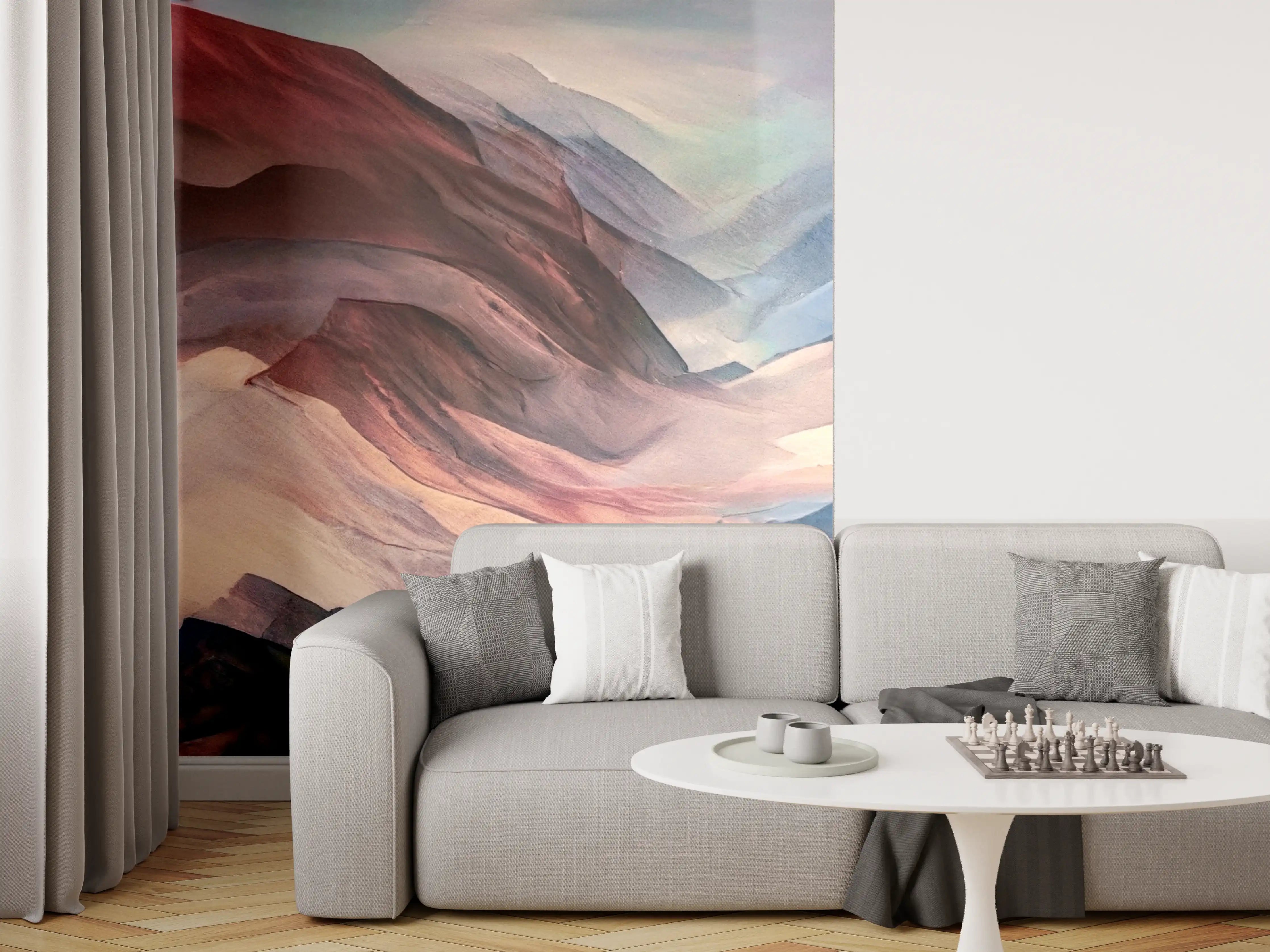 Wandverkleidung Wohnzimmer - Farbenfrohes Bergpanorama in Aquarelltechnik
