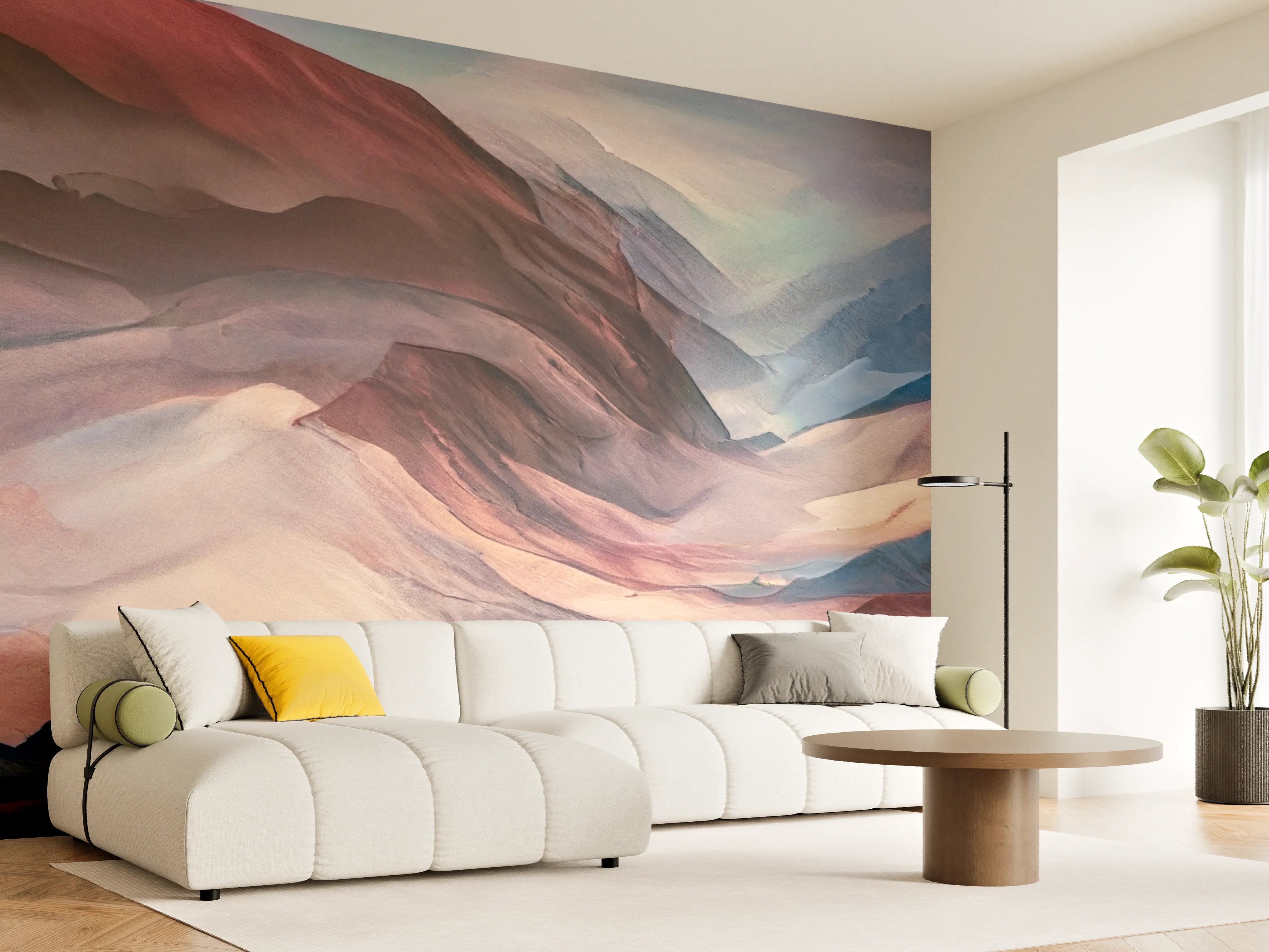 Wandverkleidung Wohnzimmer - Farbenfrohes Bergpanorama in Aquarelltechnik