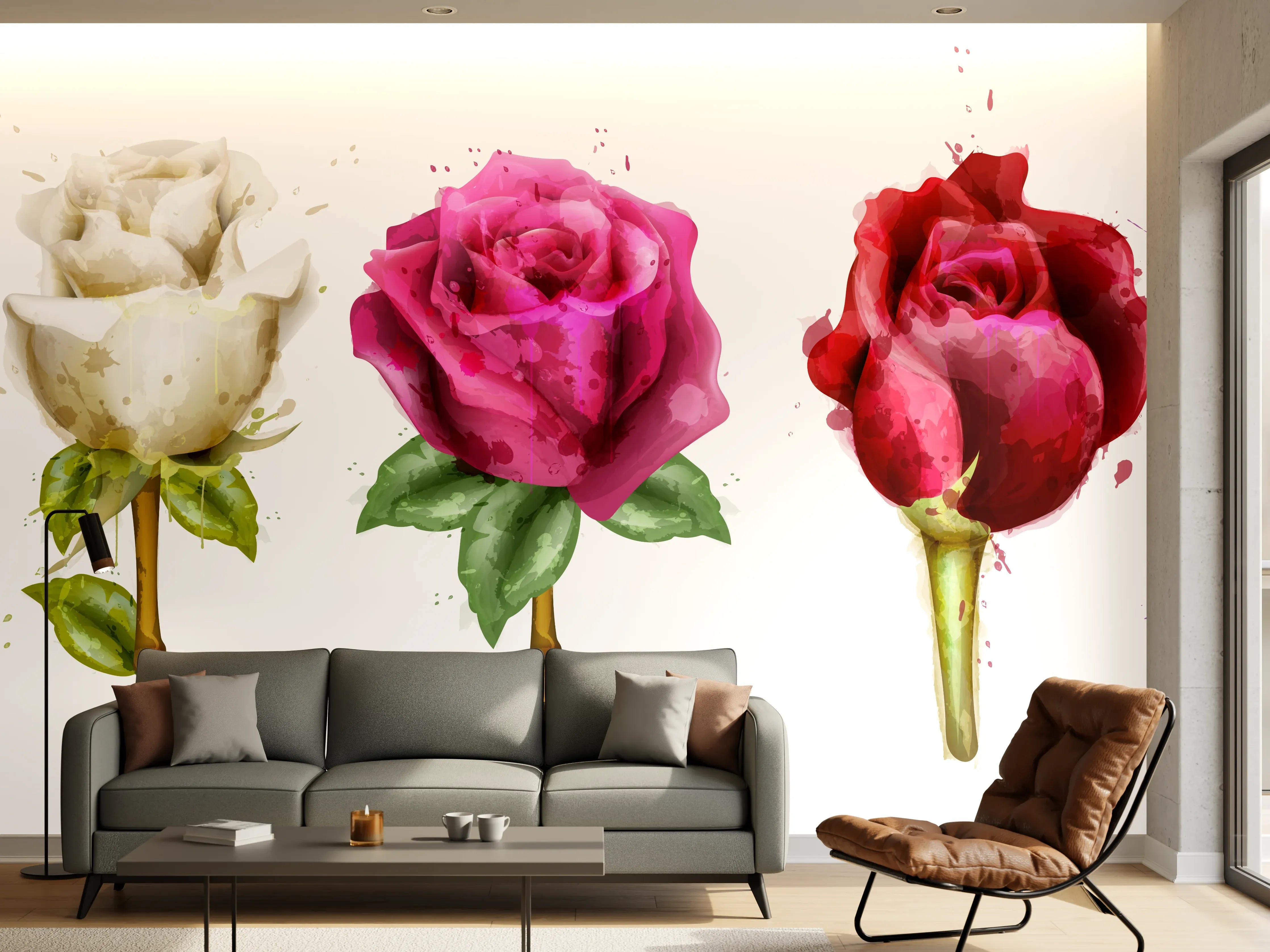 Wandverkleidung Wohnzimmer - Farbenpracht Rosen Tropfen