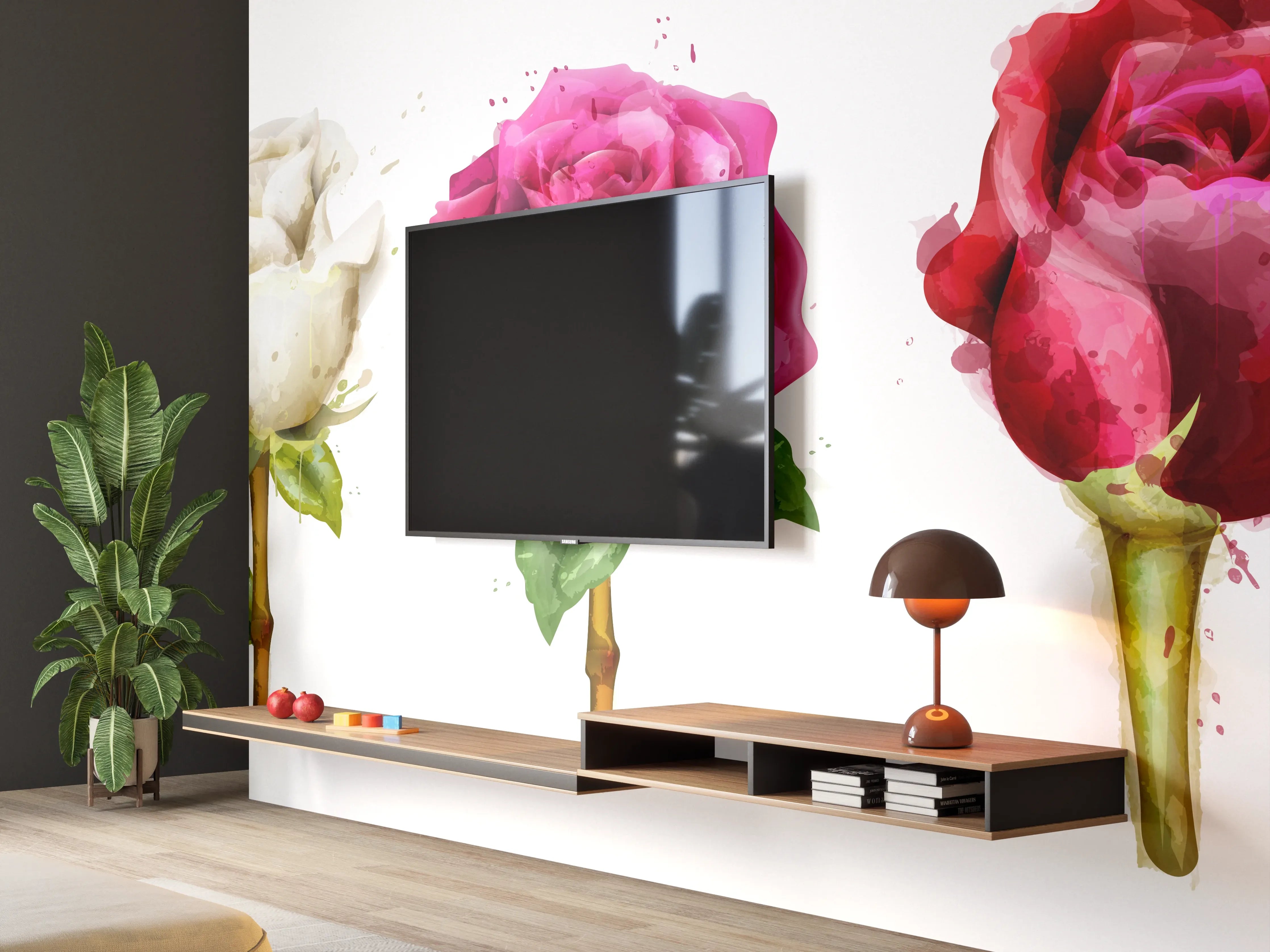Wandverkleidung Wohnzimmer - Farbenpracht Rosen Tropfen