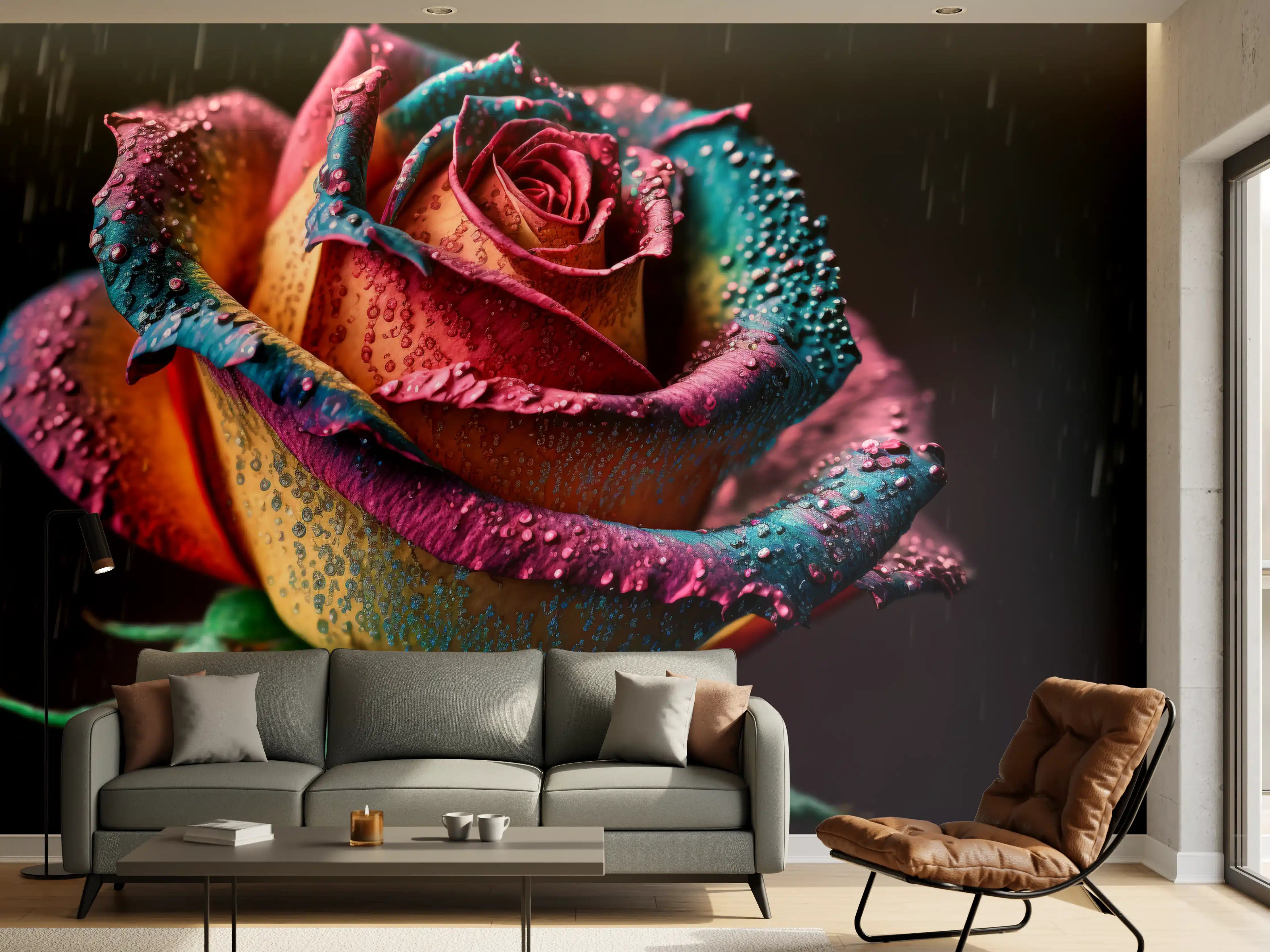 Wandverkleidung Wohnzimmer - Farbenprächtige Regenbogenrose