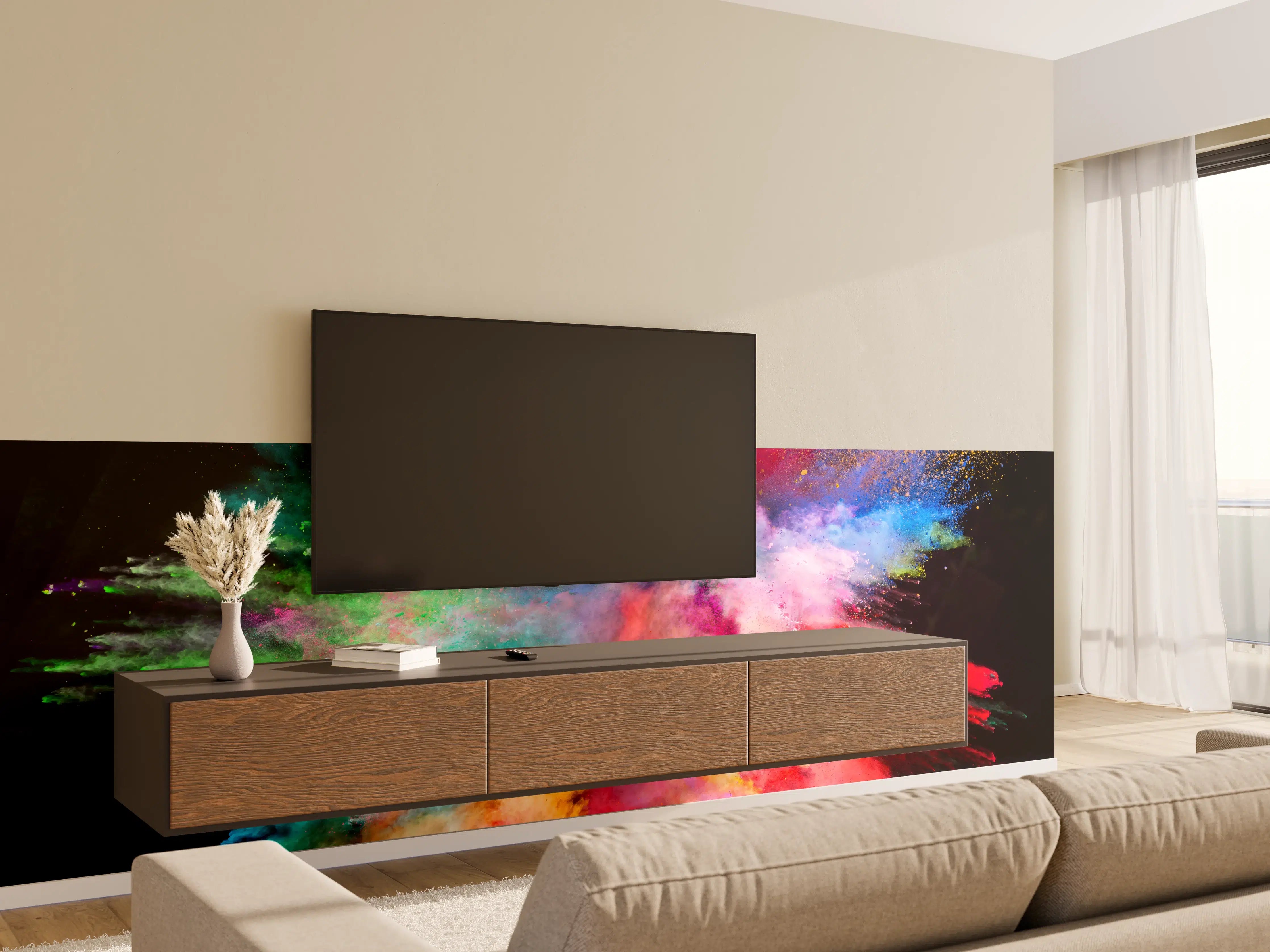 Wandverkleidung Wohnzimmer - Farbenprächtige Staubexplosion
