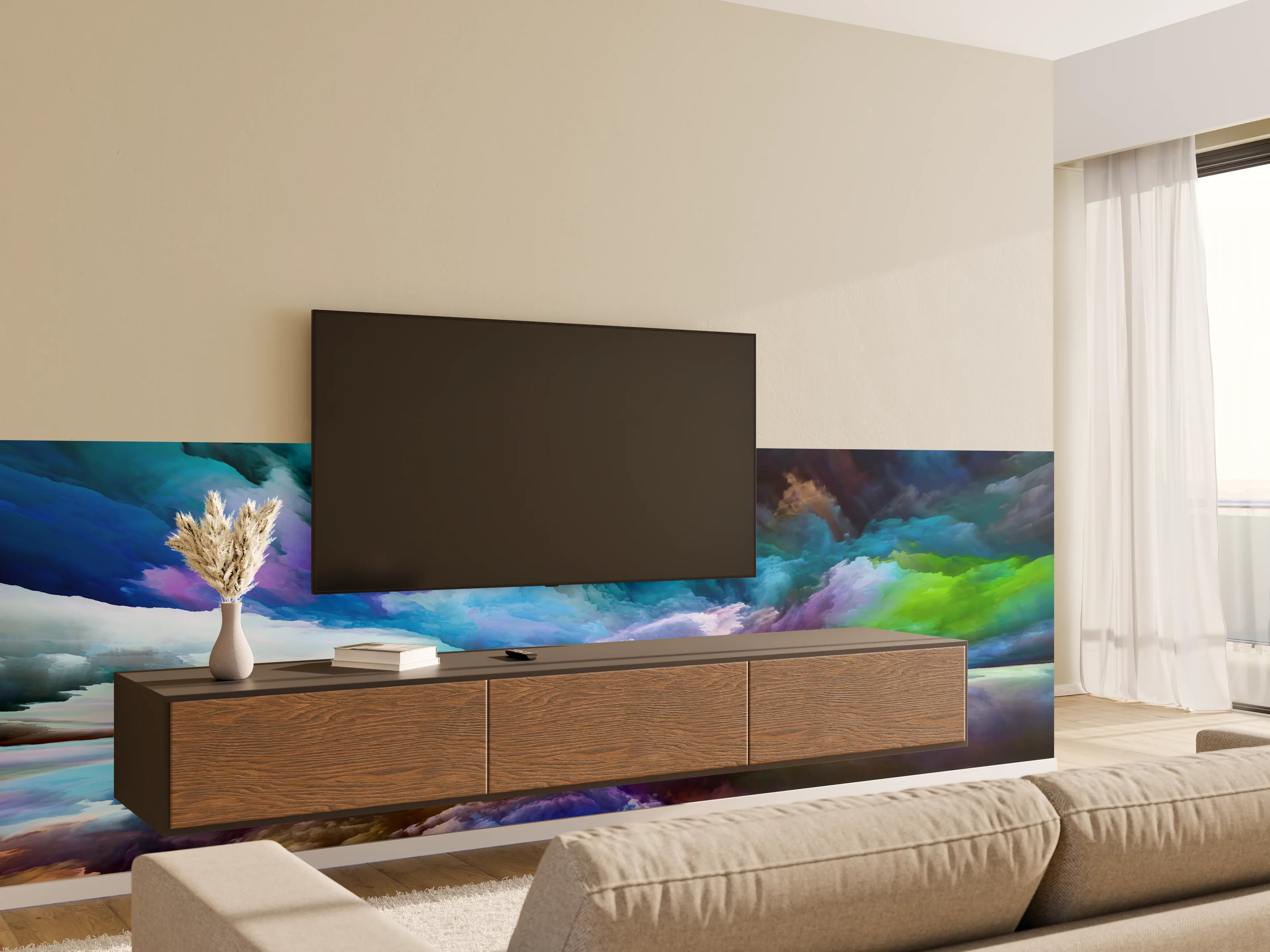 Wandverkleidung Wohnzimmer - Farbenprächtiges Wolkenpanorama mit Spiegelung