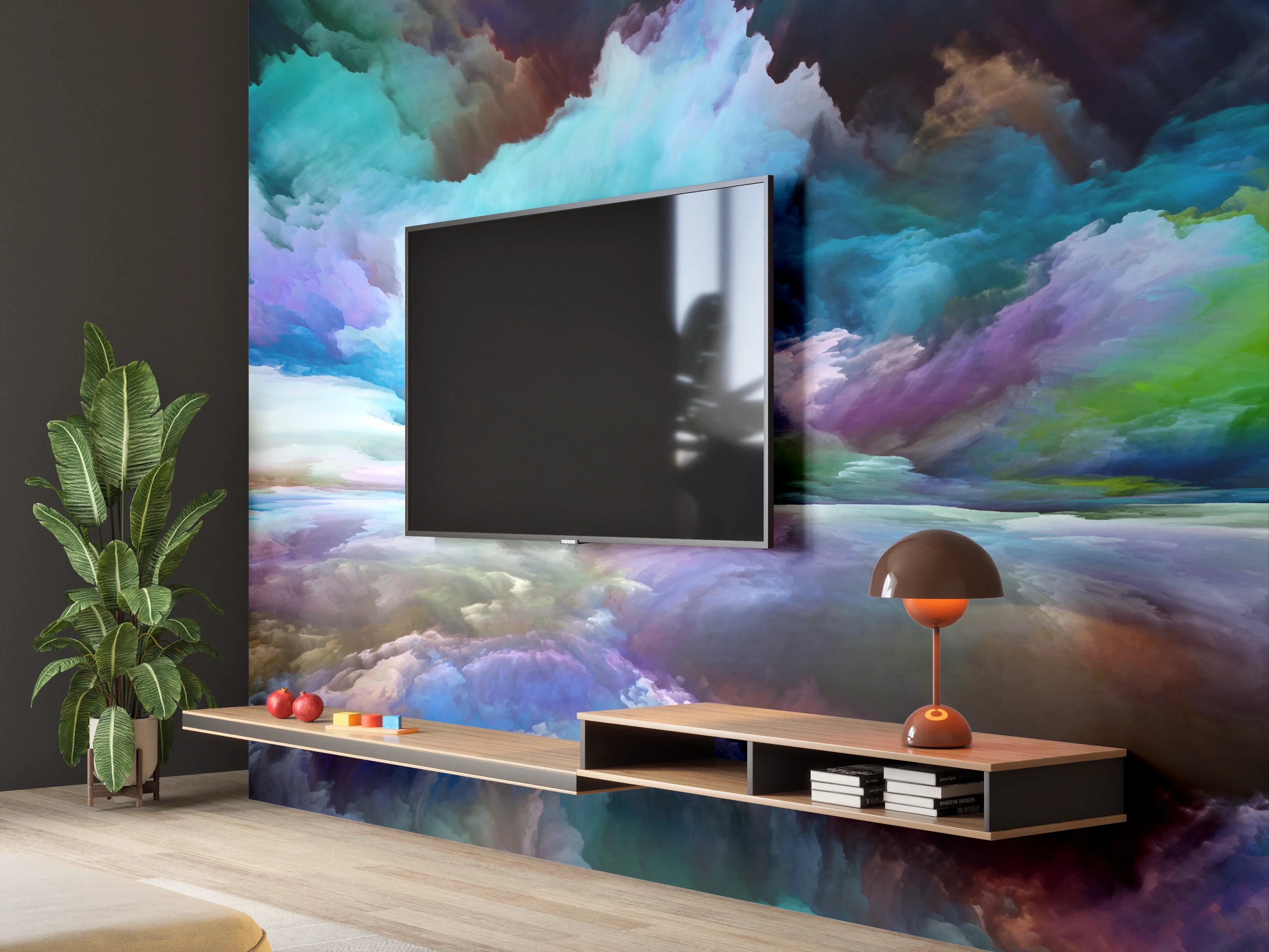 Wandverkleidung Wohnzimmer - Farbenprächtiges Wolkenpanorama mit Spiegelung