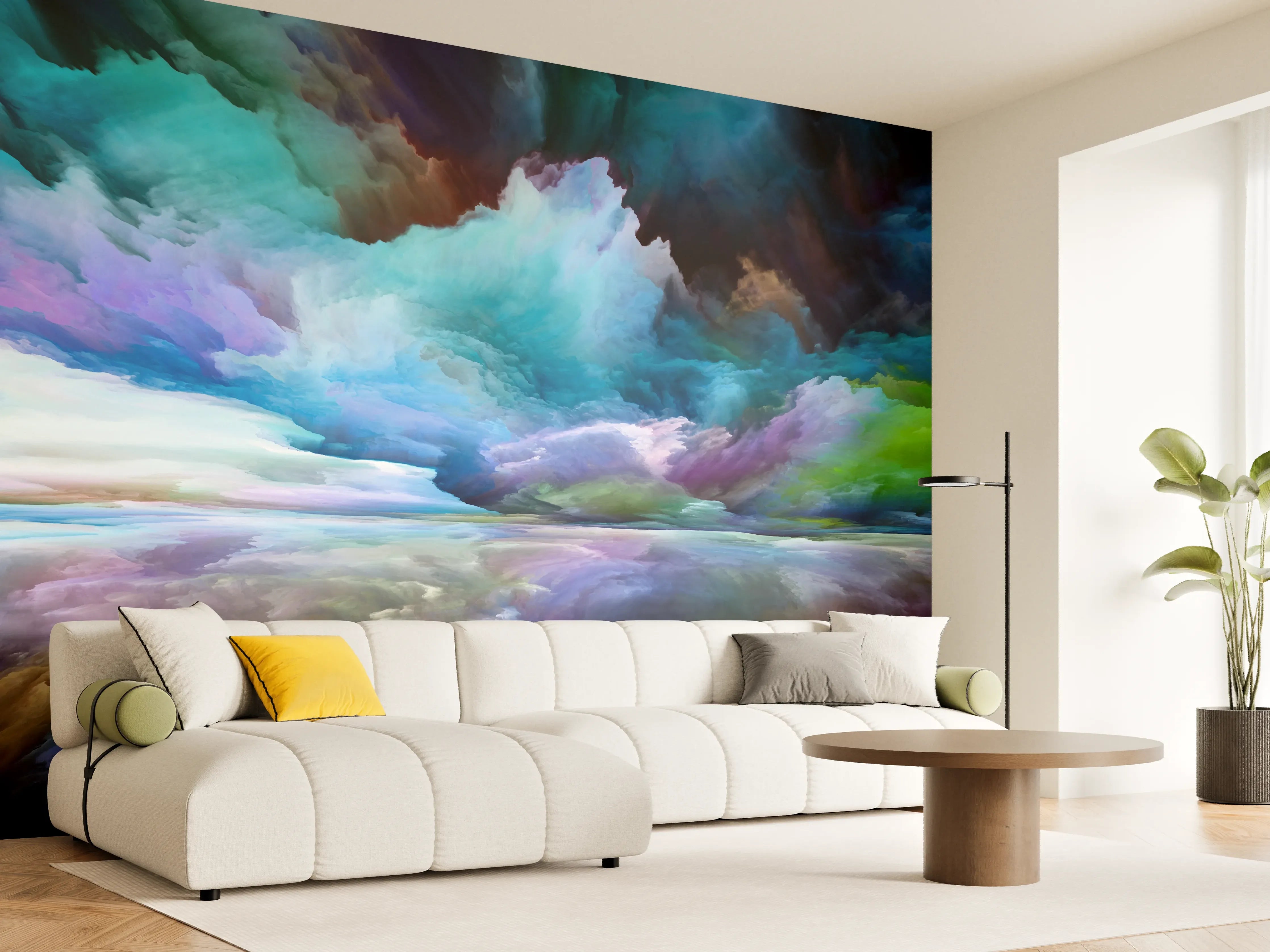 Wandverkleidung Wohnzimmer - Farbenprächtiges Wolkenpanorama mit Spiegelung