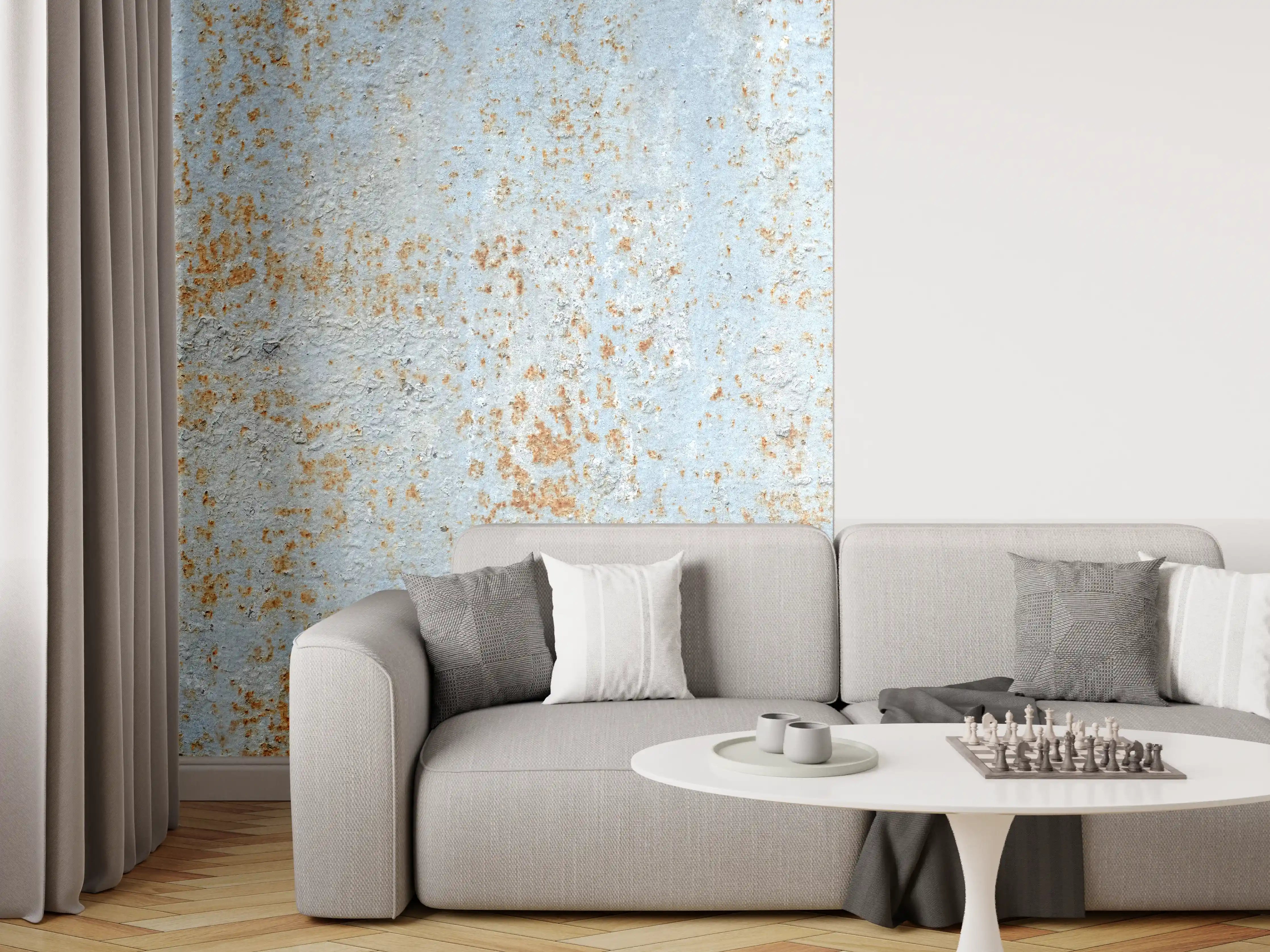 Wandverkleidung Wohnzimmer - Farbflocken auf rostigem Metallblech
