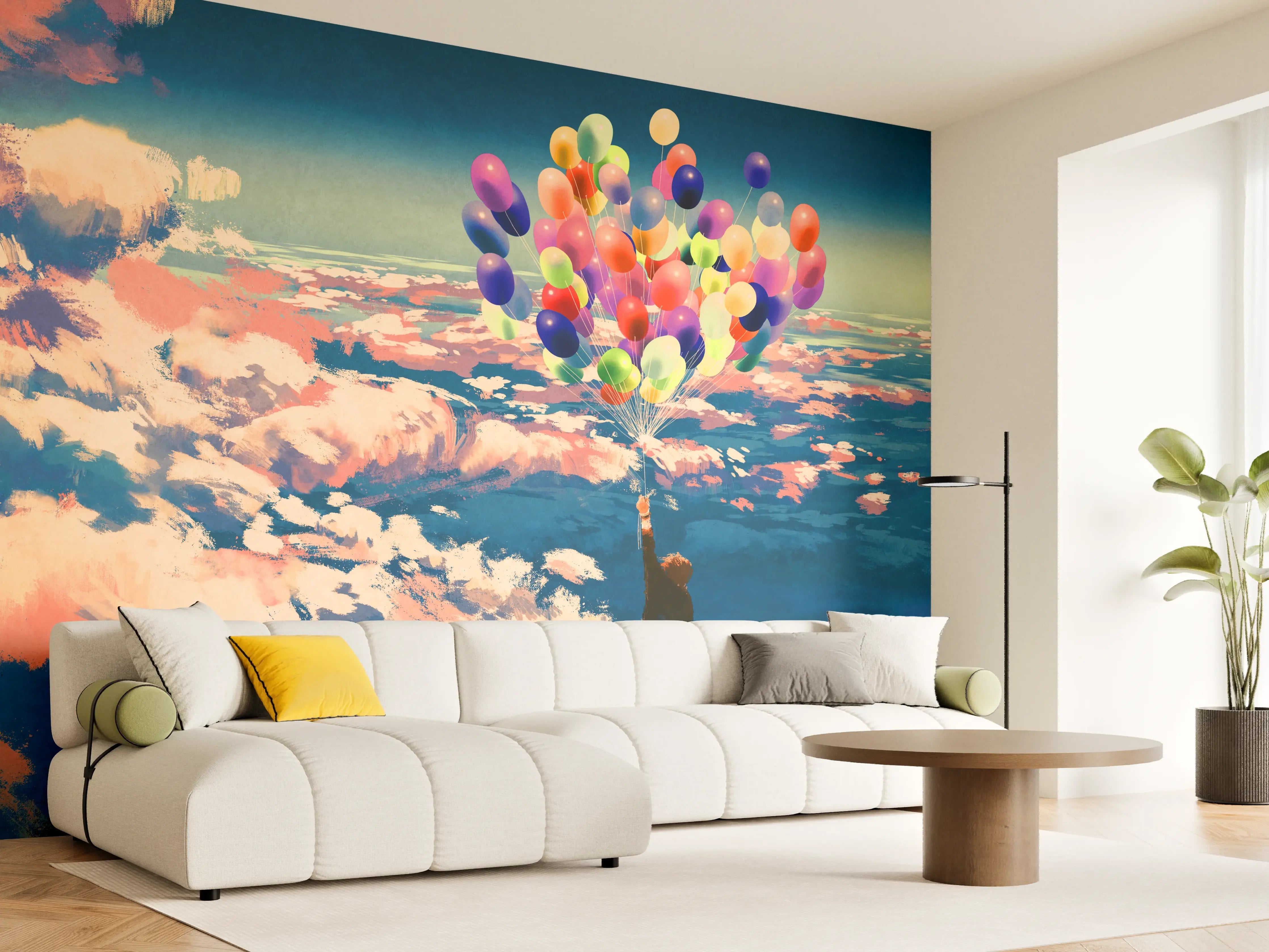 Wandverkleidung Wohnzimmer - Farbige Ballons in Himmelsszene