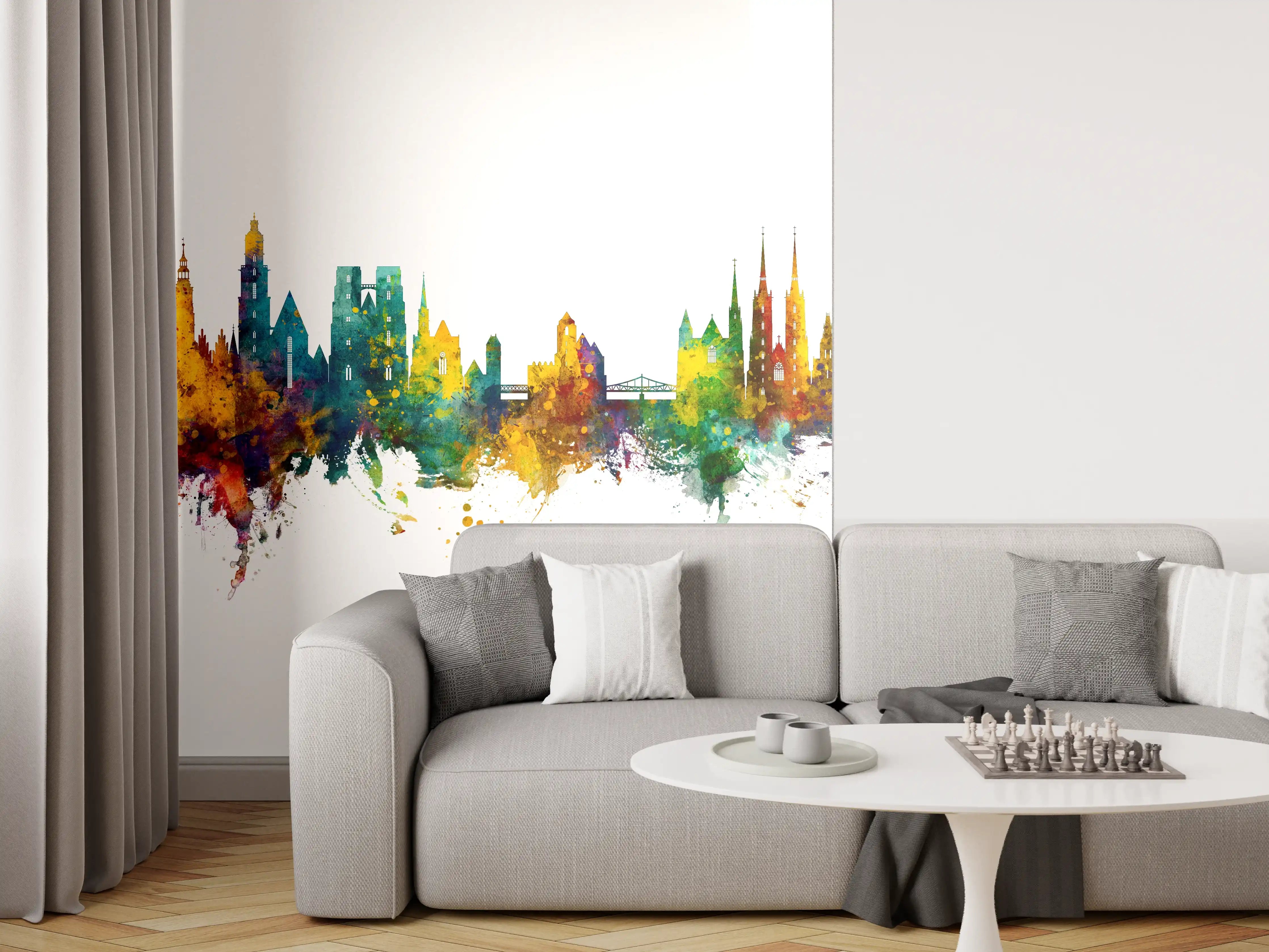 Wandverkleidung Wohnzimmer - Farbige Stadt Silhouette
