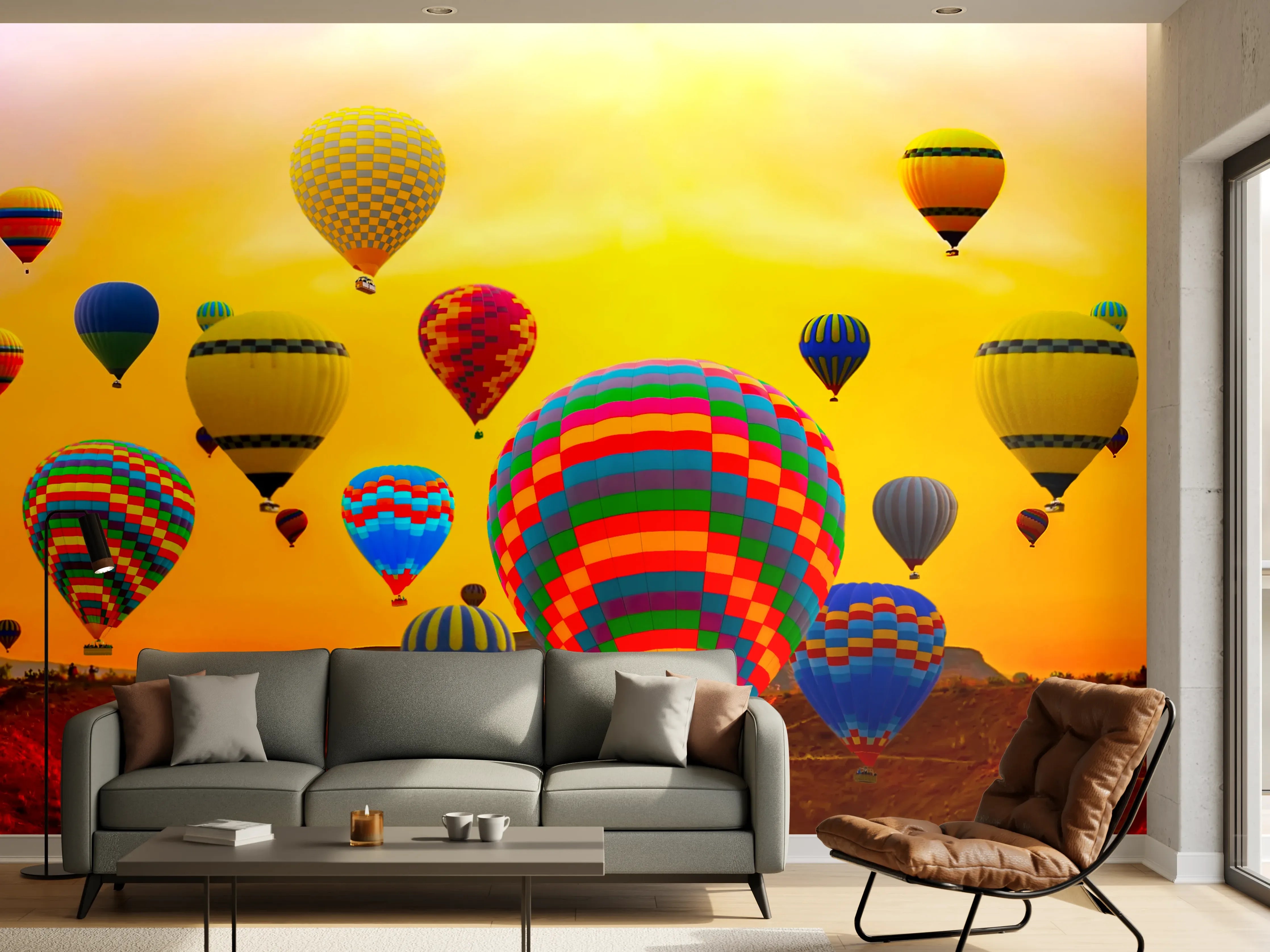 Wandverkleidung Wohnzimmer - Farbprächtiges Heißluftballon-Festival bei Sonnenuntergang