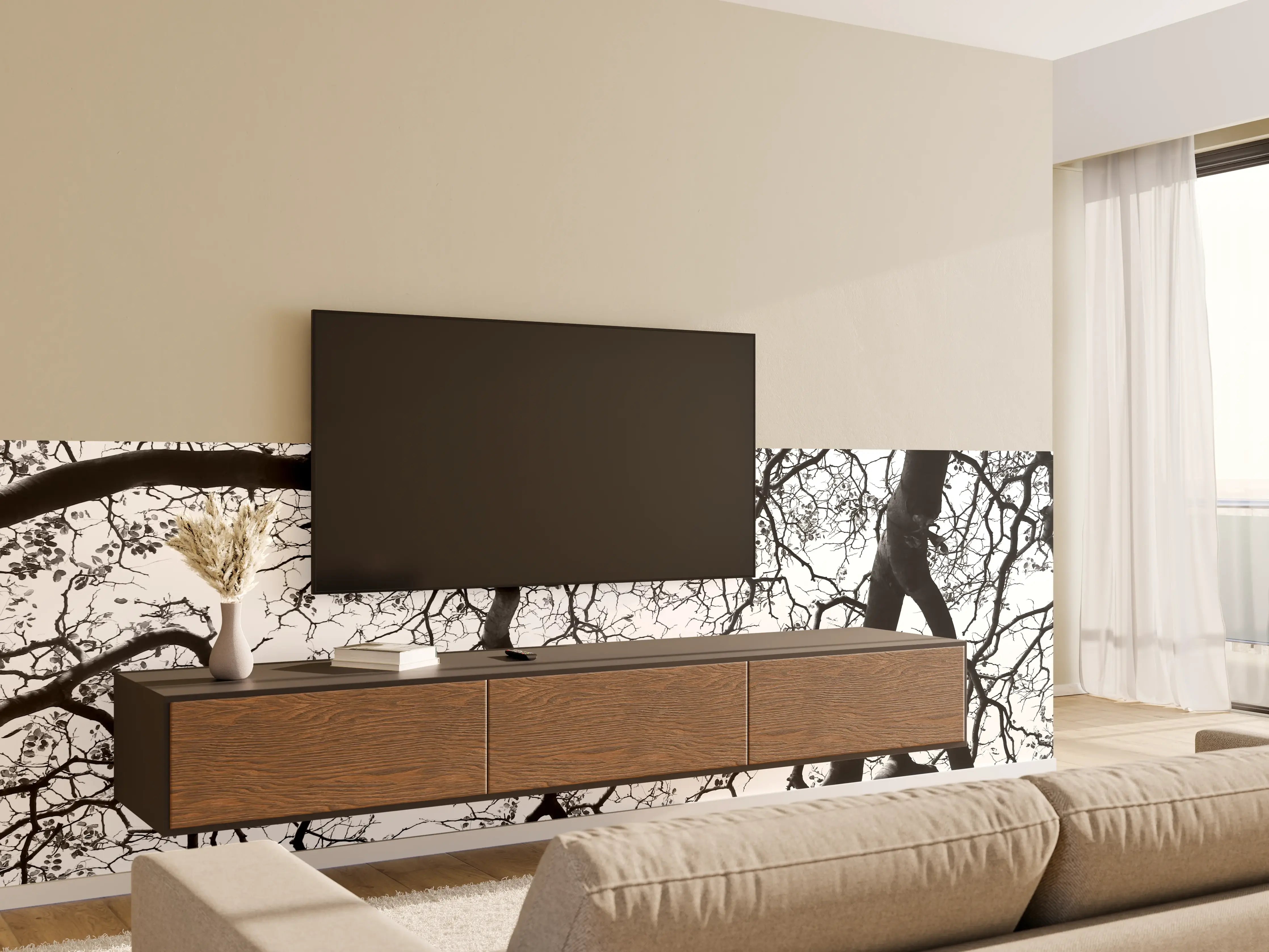 Wandverkleidung Wohnzimmer - Faszinierende Baumzweige in Schwarz-Weiß