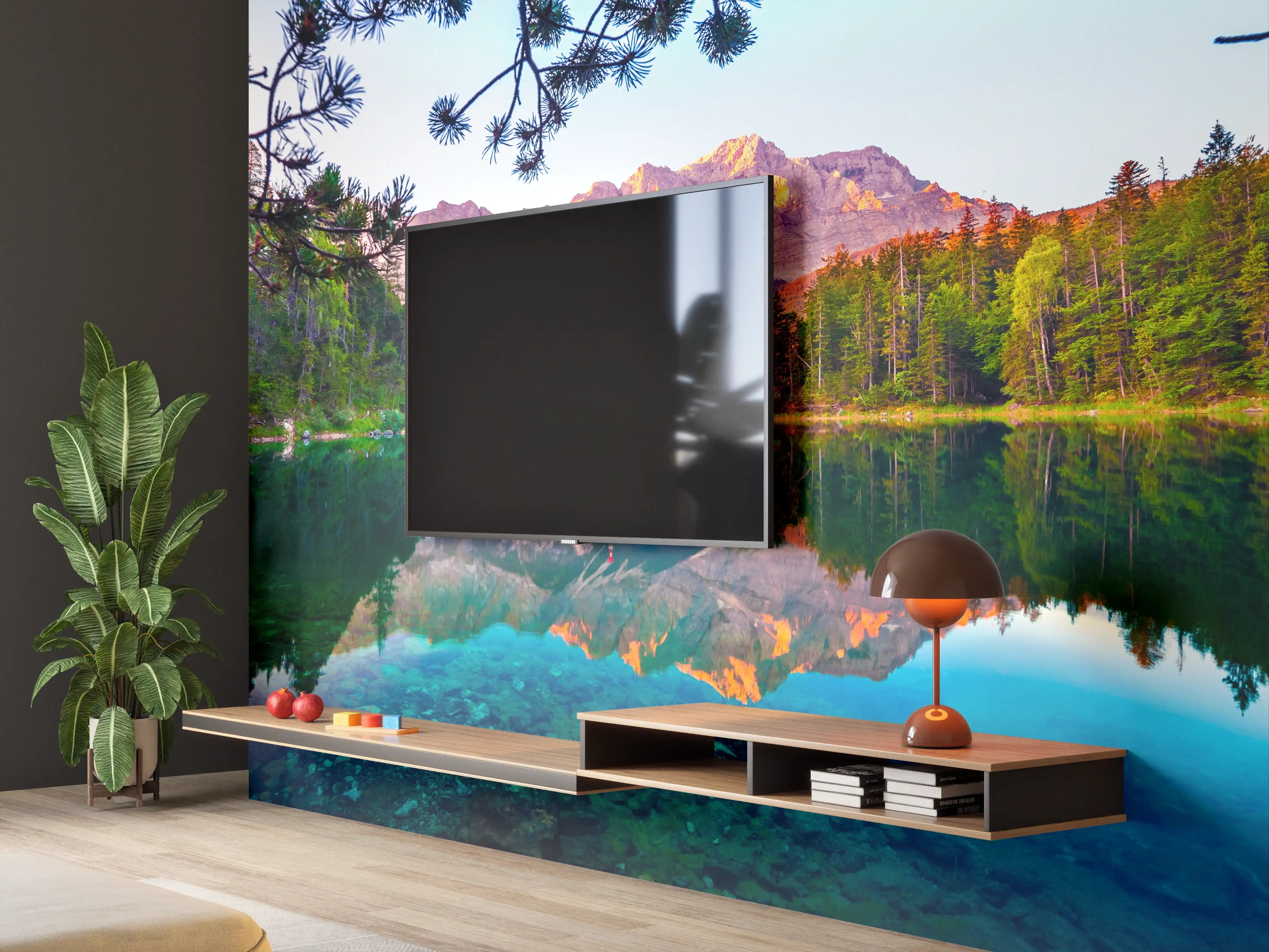 Wandverkleidung Wohnzimmer - Faszinierende Berglandschaft am See