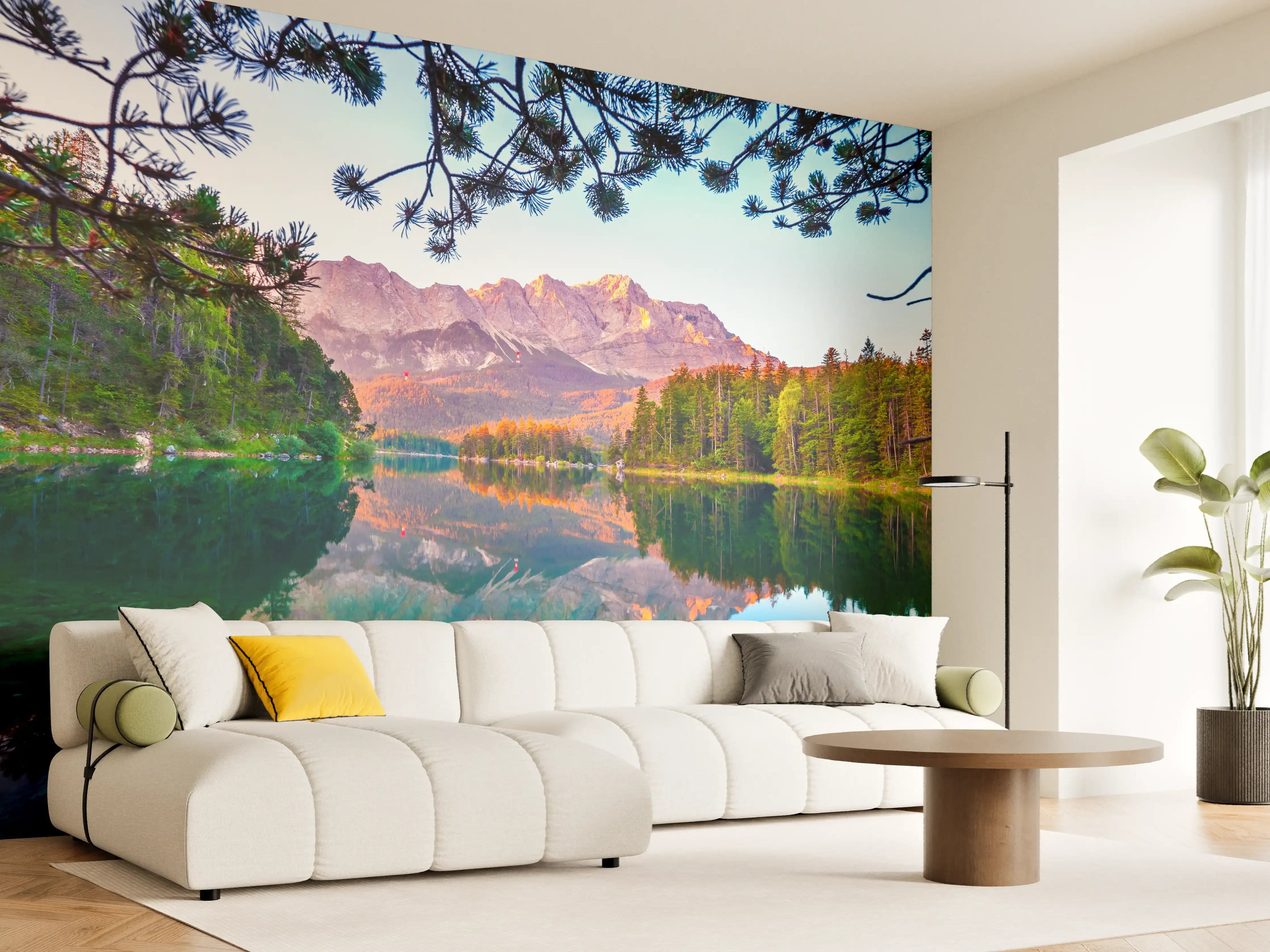 Wandverkleidung Wohnzimmer - Faszinierende Berglandschaft am See