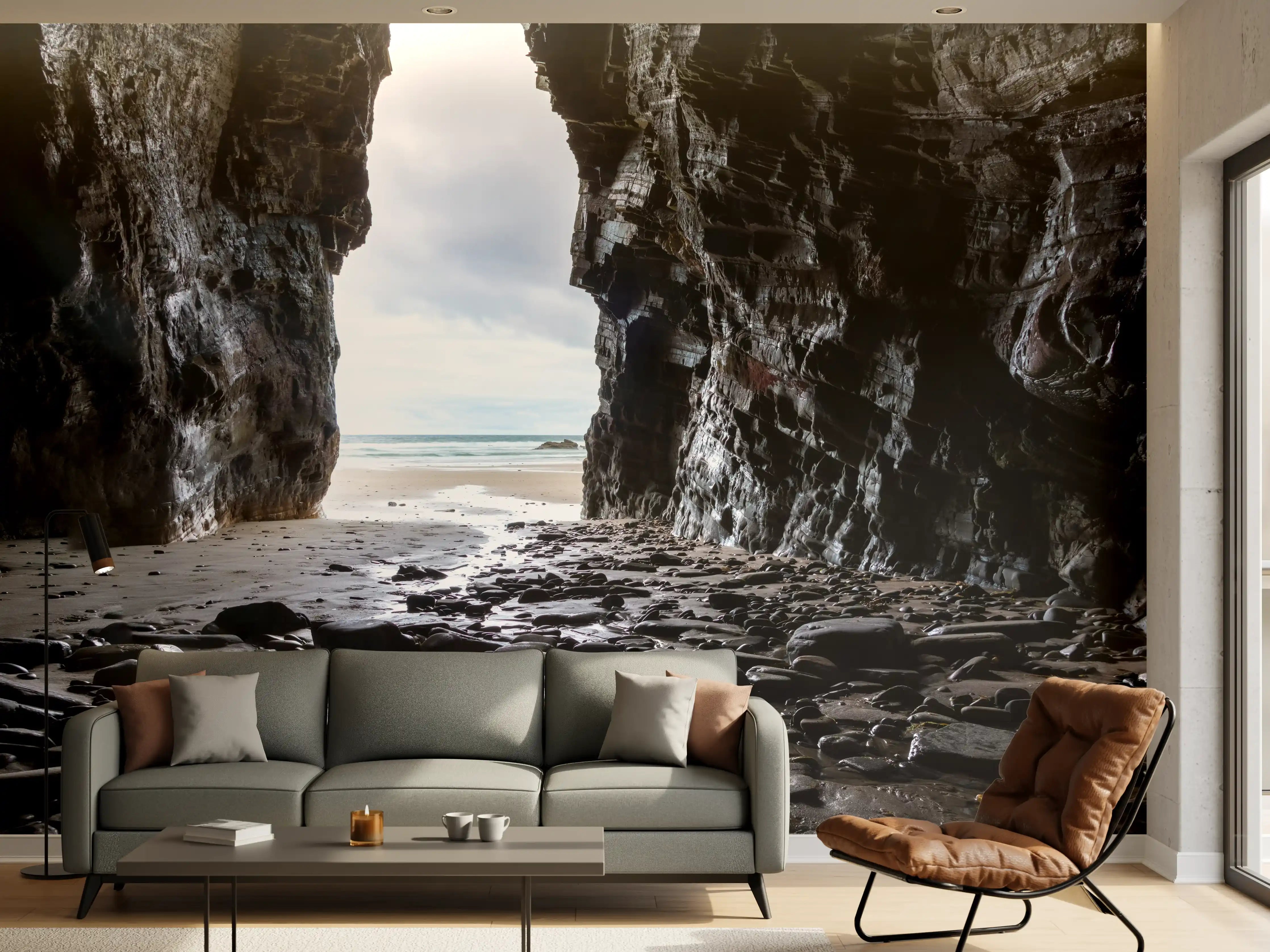 Wandverkleidung Wohnzimmer - Faszinierende Felsenausblick am Strand