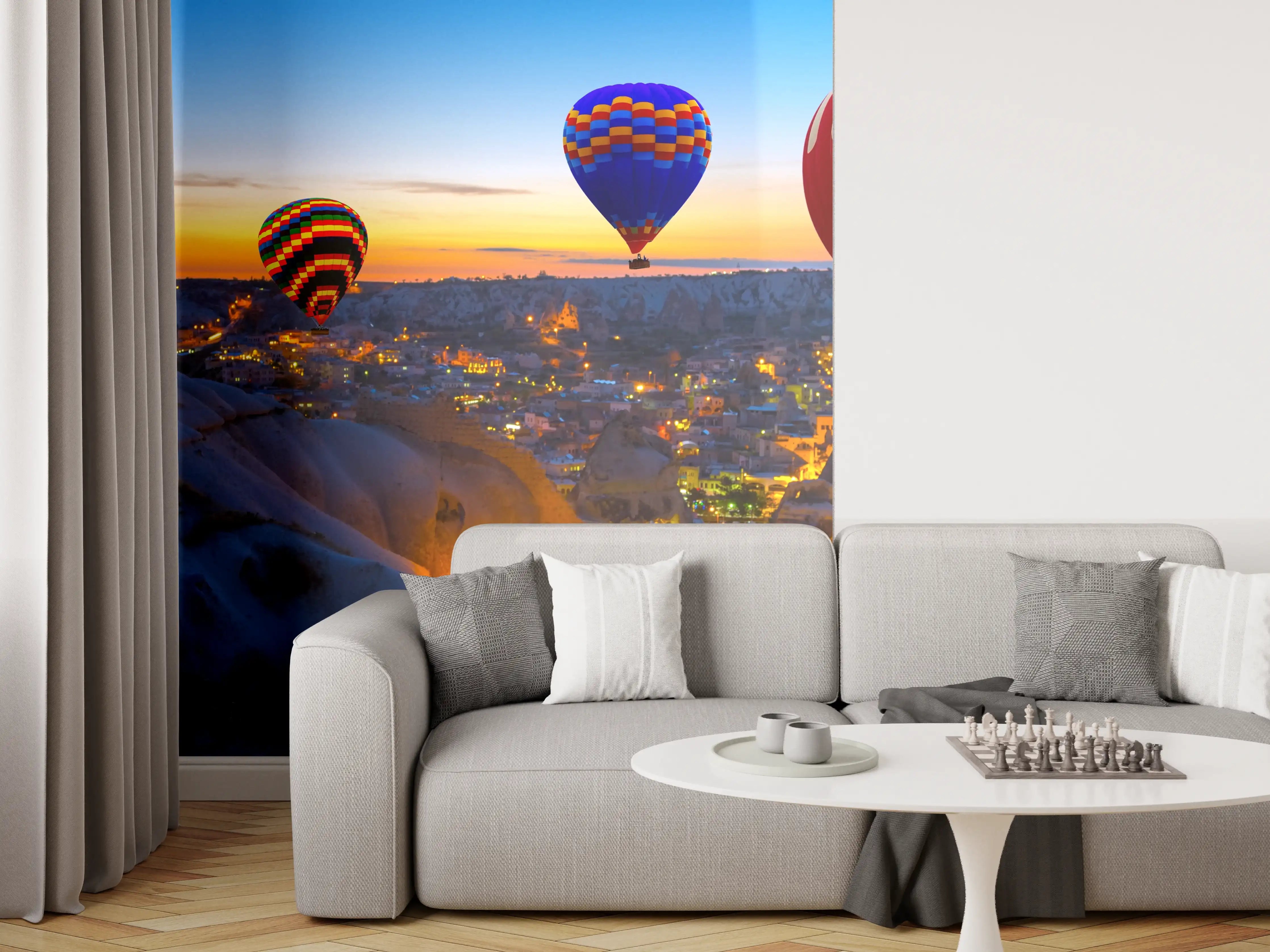 Wandverkleidung Wohnzimmer - Faszinierende Heißluftballons über Kappadokien bei Sonnenaufgang