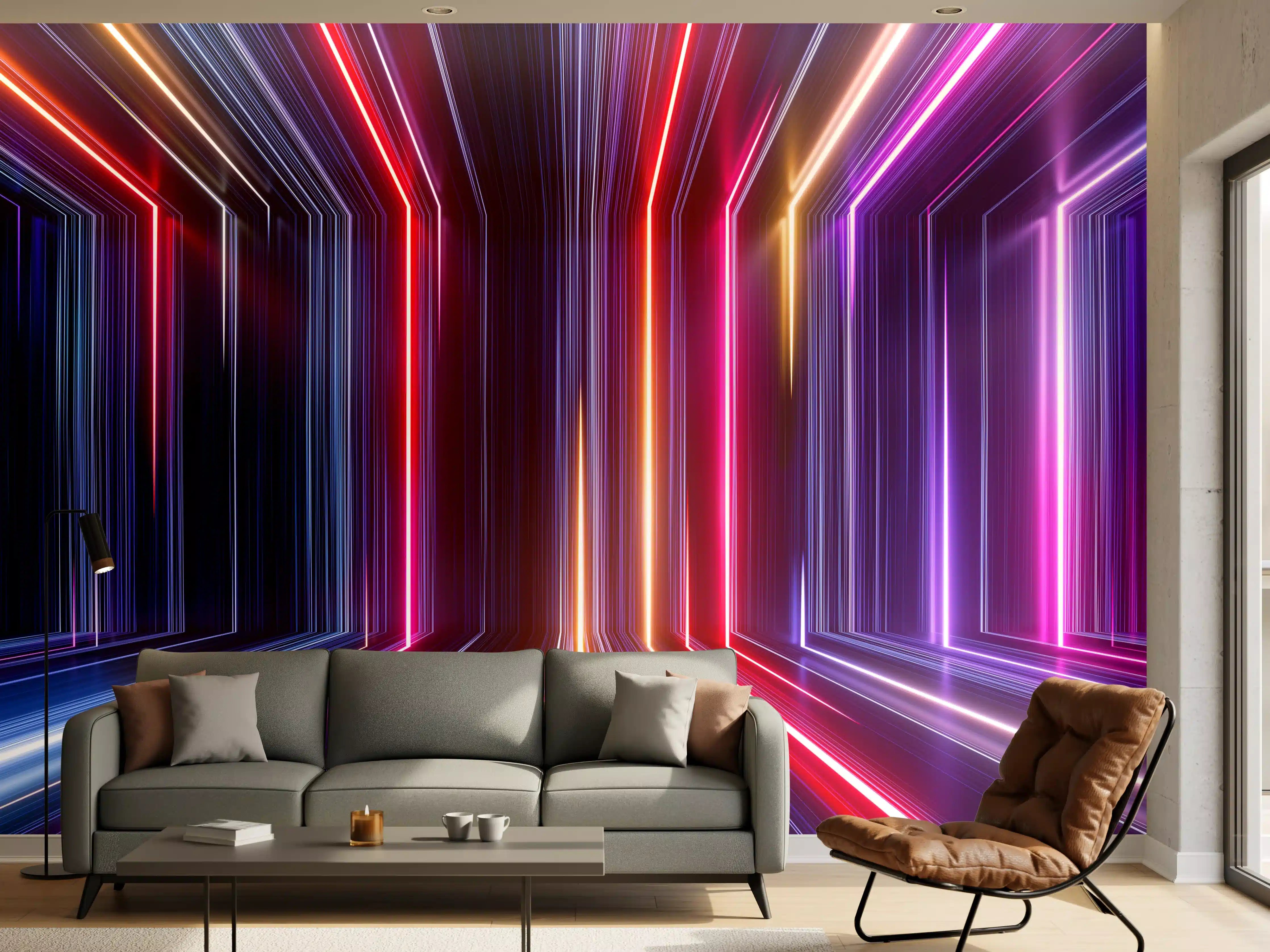 Wandverkleidung Wohnzimmer - Faszinierende Neontunnel-Illusion