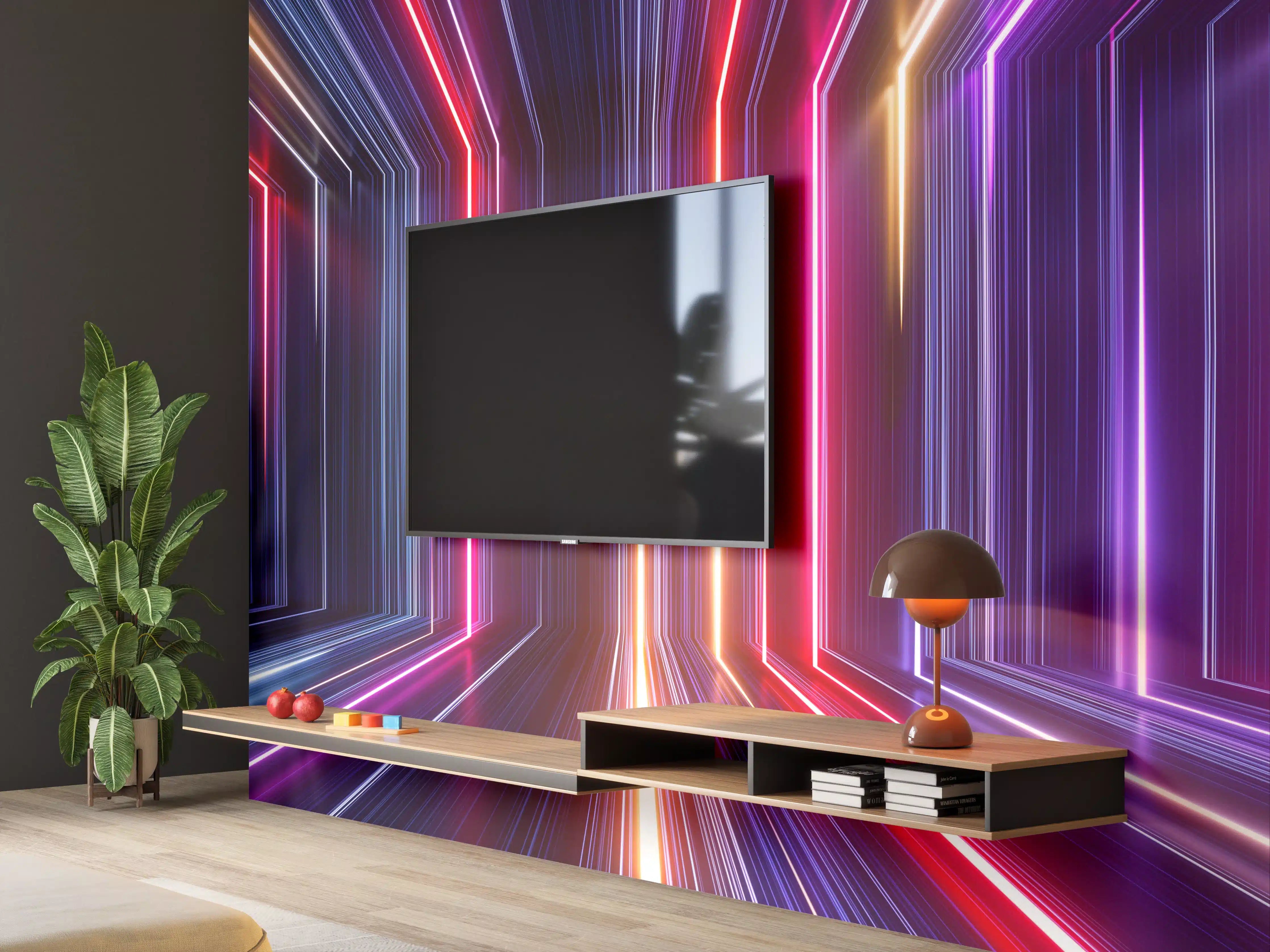 Wandverkleidung Wohnzimmer - Faszinierende Neontunnel-Illusion