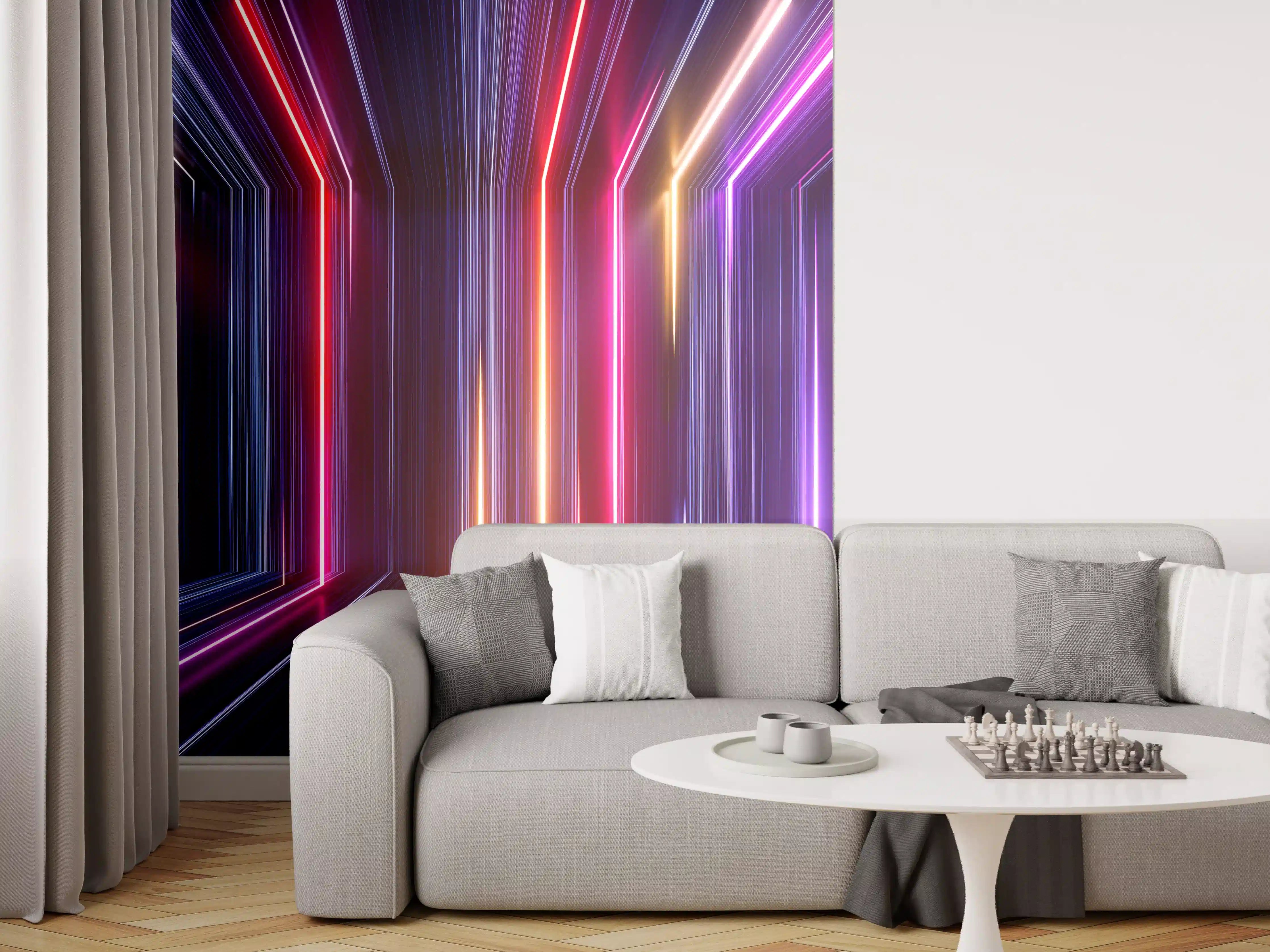 Wandverkleidung Wohnzimmer - Faszinierende Neontunnel-Illusion